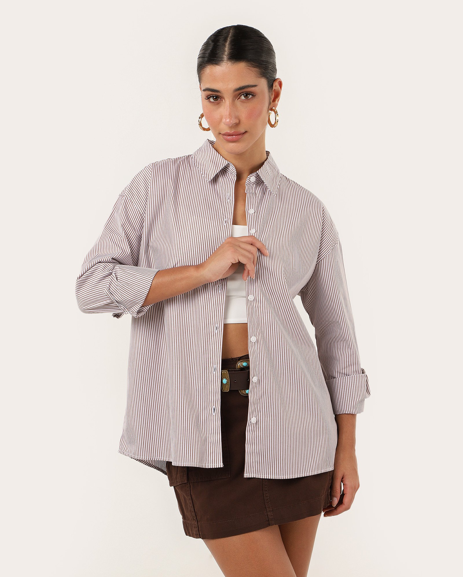 Camisa feminina Olga de algodão manga longa - Marrom Claro | Pool Basics