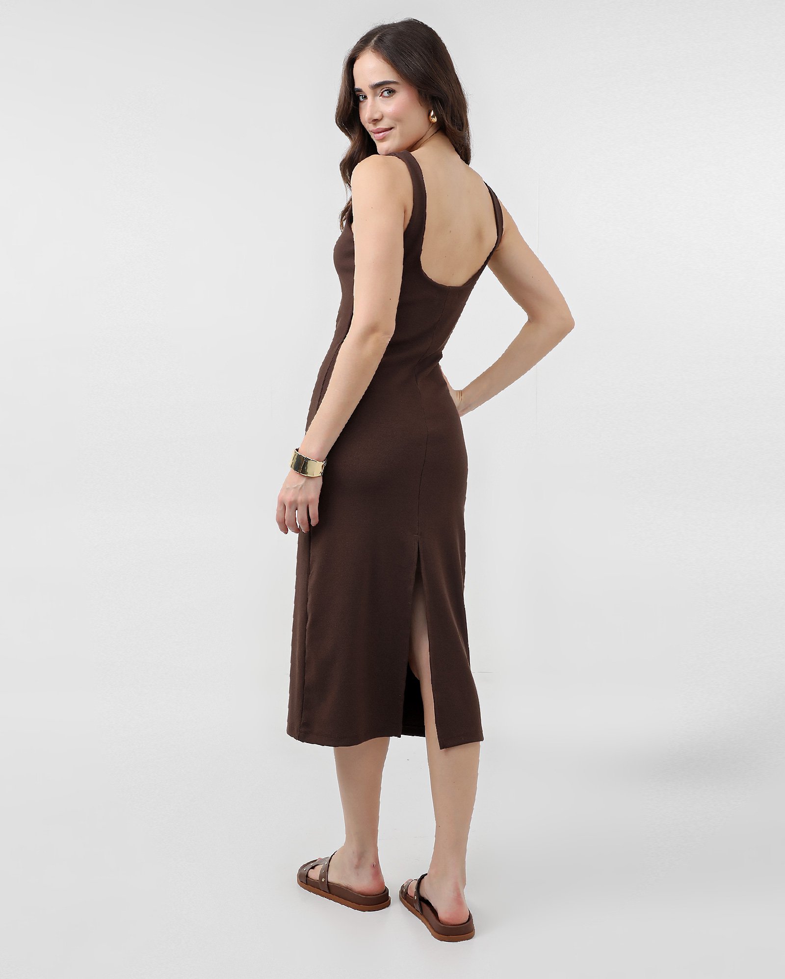 Vestido midi reto canelado - Marrom Escuro | AK by Riachuelo
