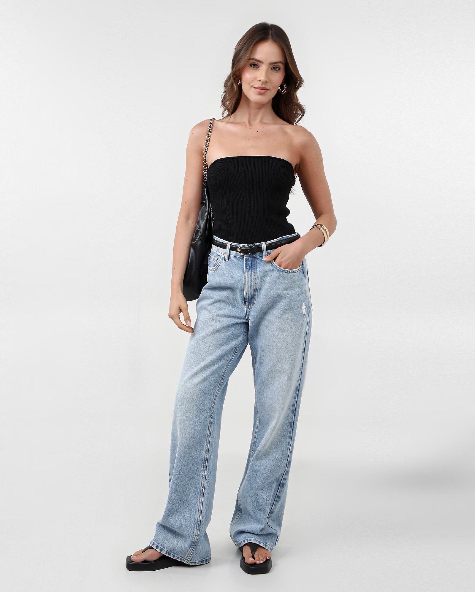 Top strapless em viscose canelado preto — foto 3