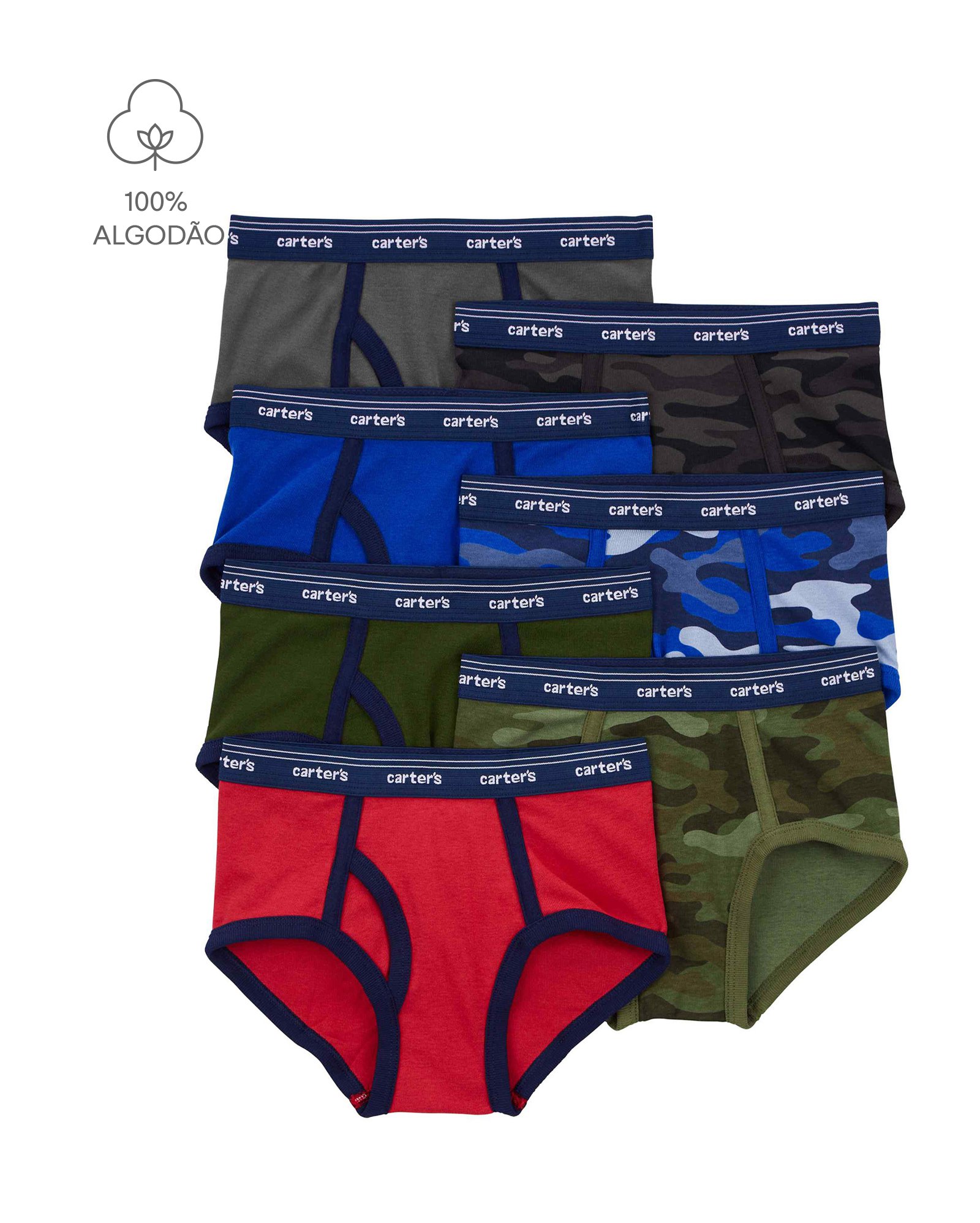 Kit cueca infantil 7 peças slip camuflada multicor | Carter's