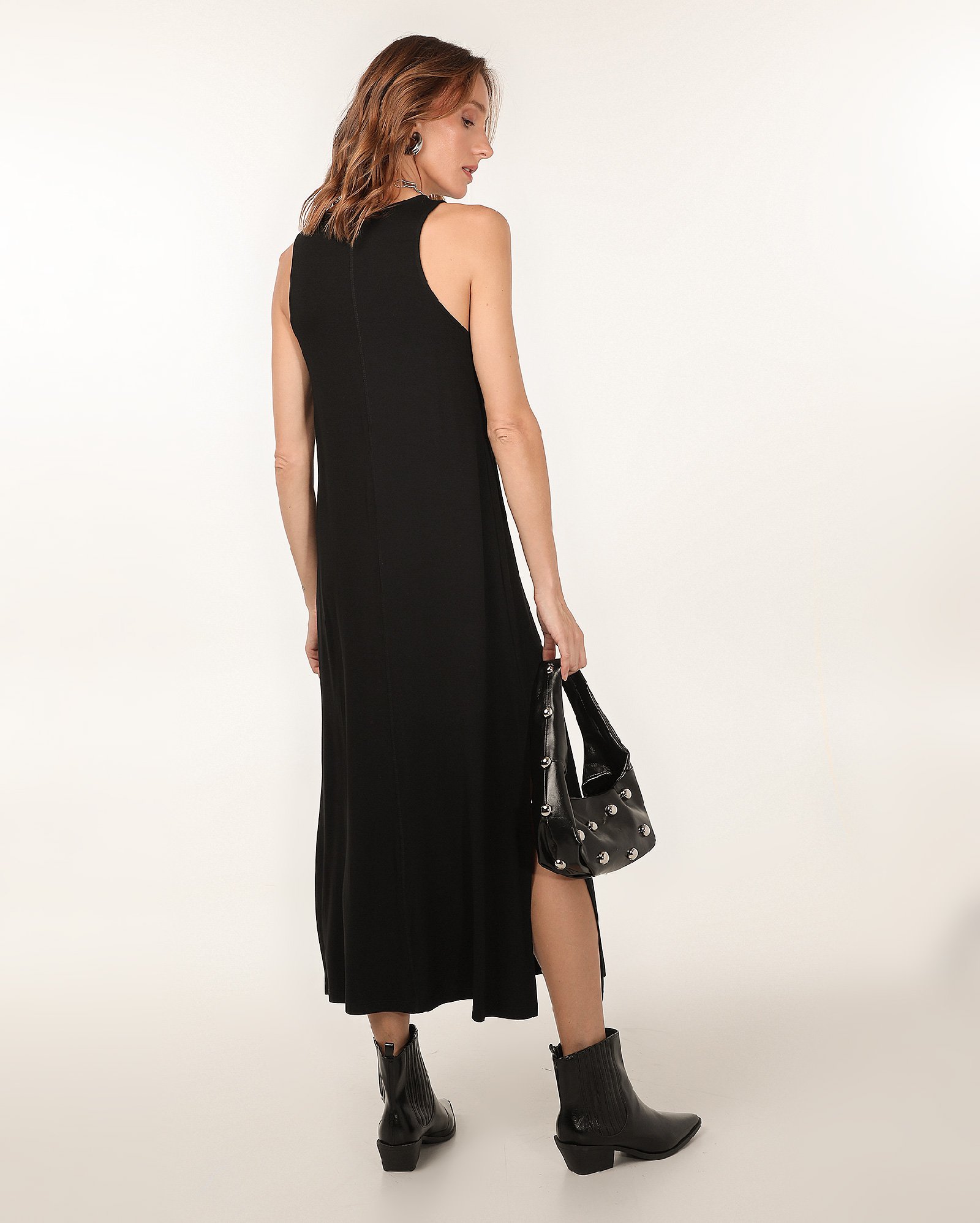 Vestido midi em viscose com fendas liso preto | Pool Basics