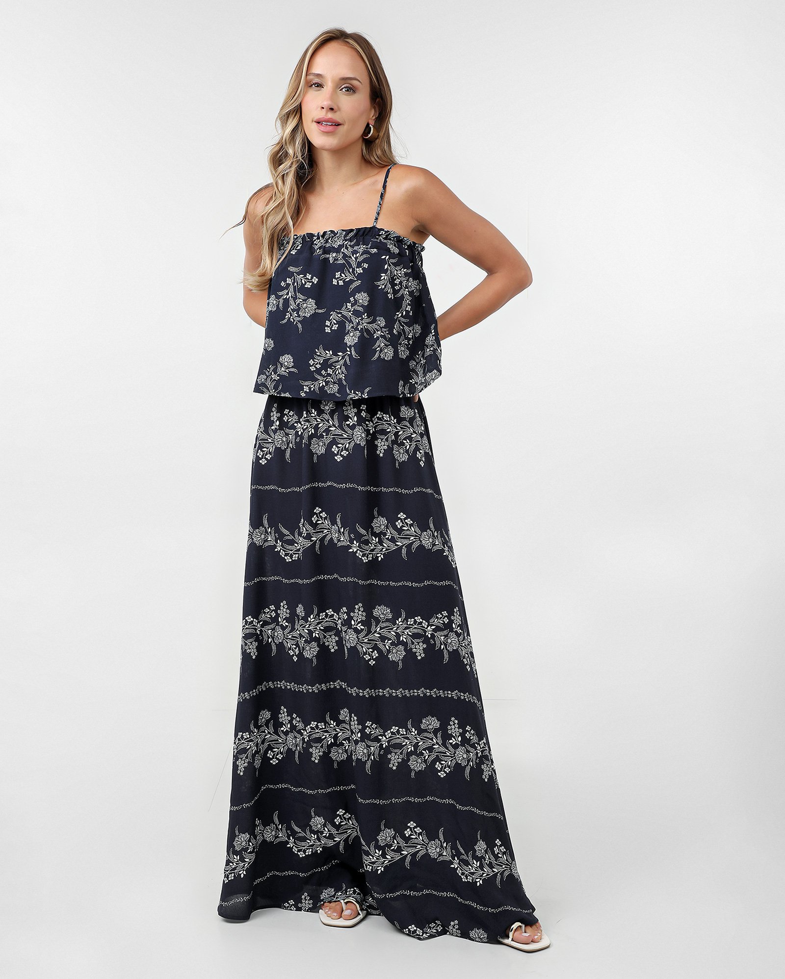 Riachuelo | Vestido longo evasê viscose floral boho azul