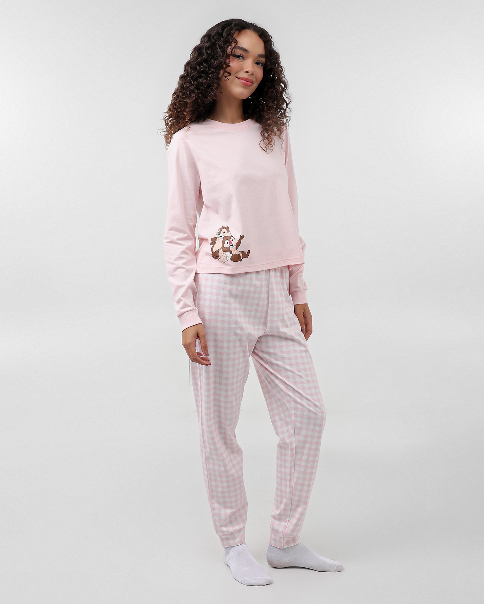 Pijama longo feminino Tico e Teco xadrez rosa | Disney