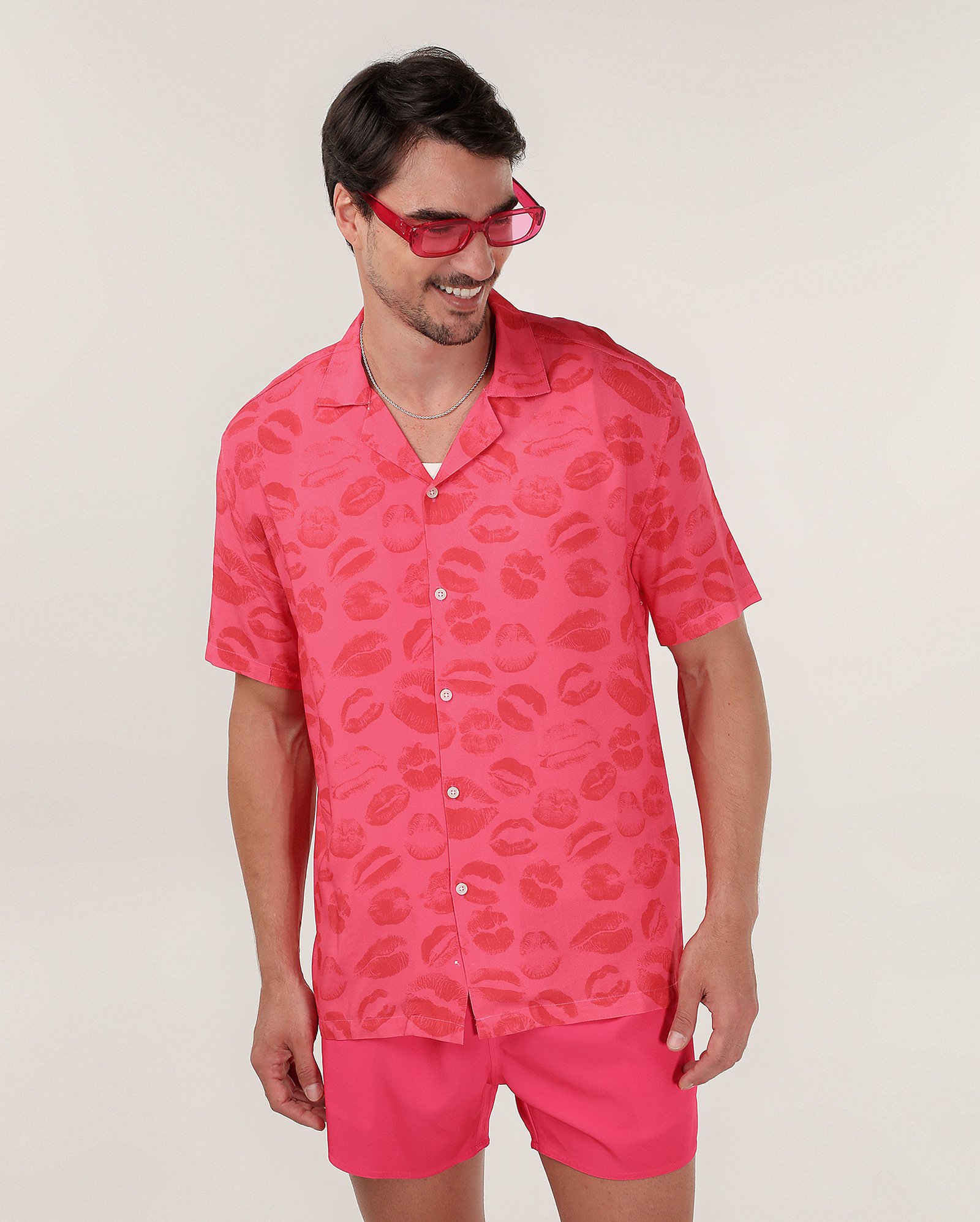 Camisa masculina bowling em viscose beijos rosa | Pool
