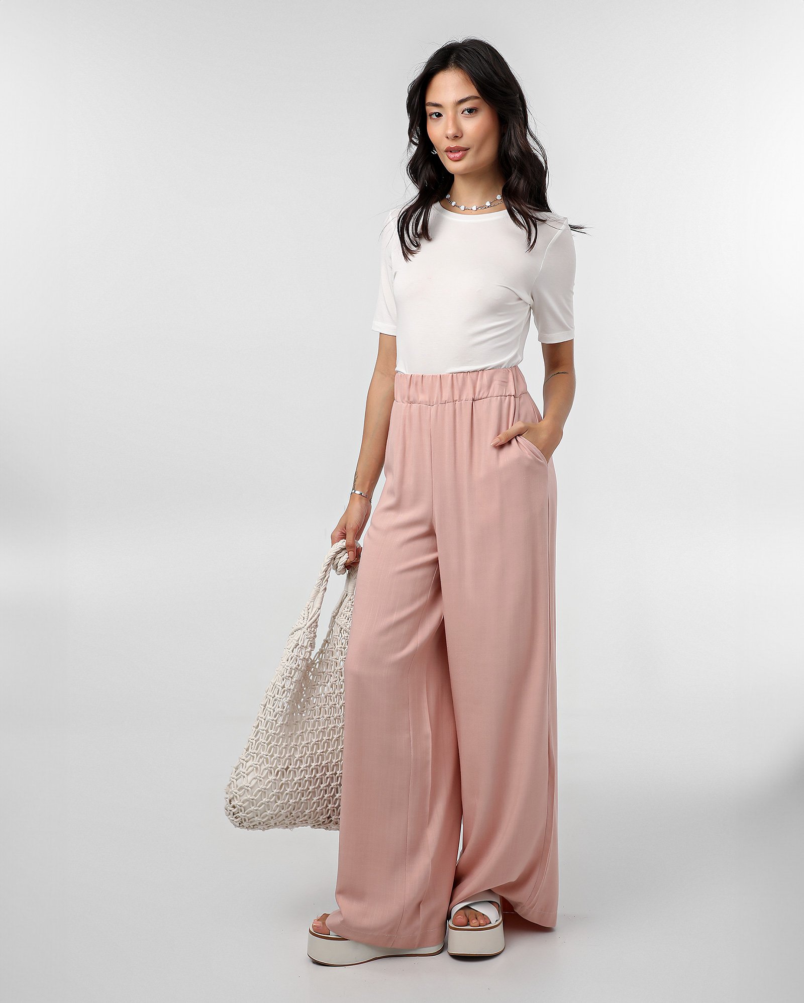 Calça feminina pantalona cós elástico - Rosa | Pool Basics
