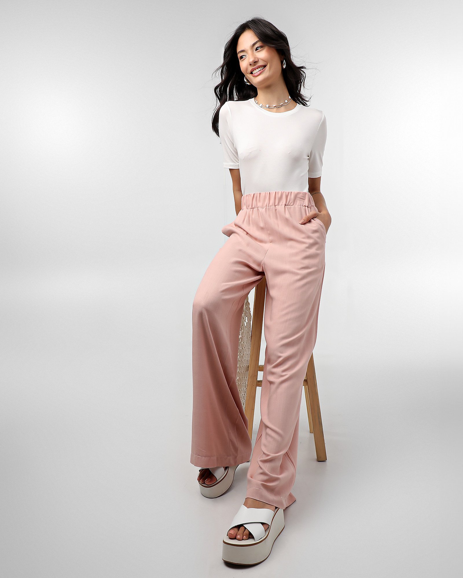 Calça feminina pantalona cós elástico - Rosa | Pool Basics