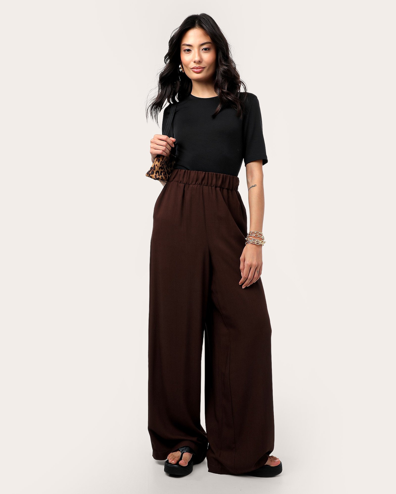Calça feminina pantalona cós elástico - marrom
