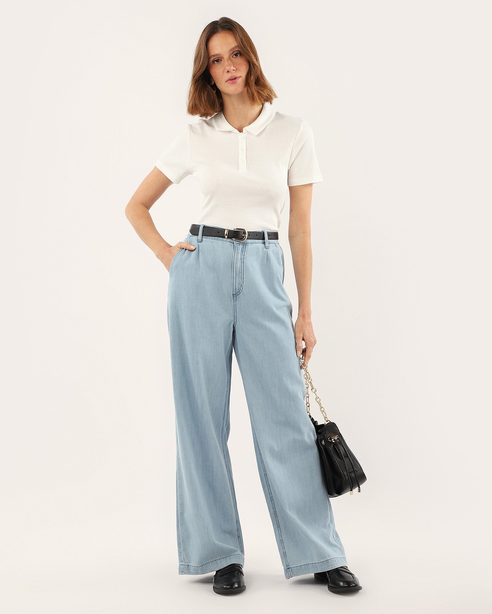 Calça jeans feminina wide leg cintura alta denim médio | Pool Jeans
