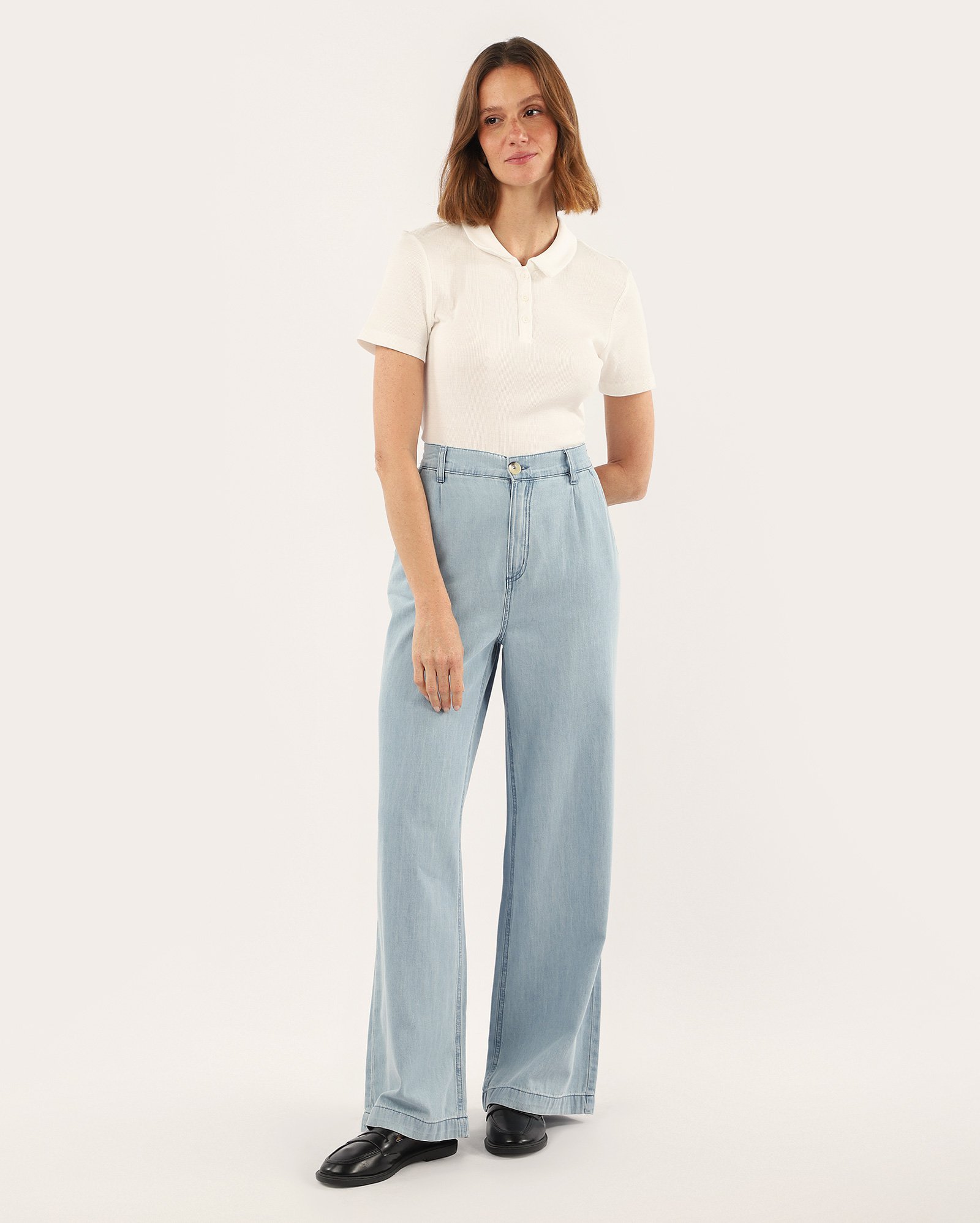 Calça jeans feminina wide leg cintura alta denim médio | Pool Jeans