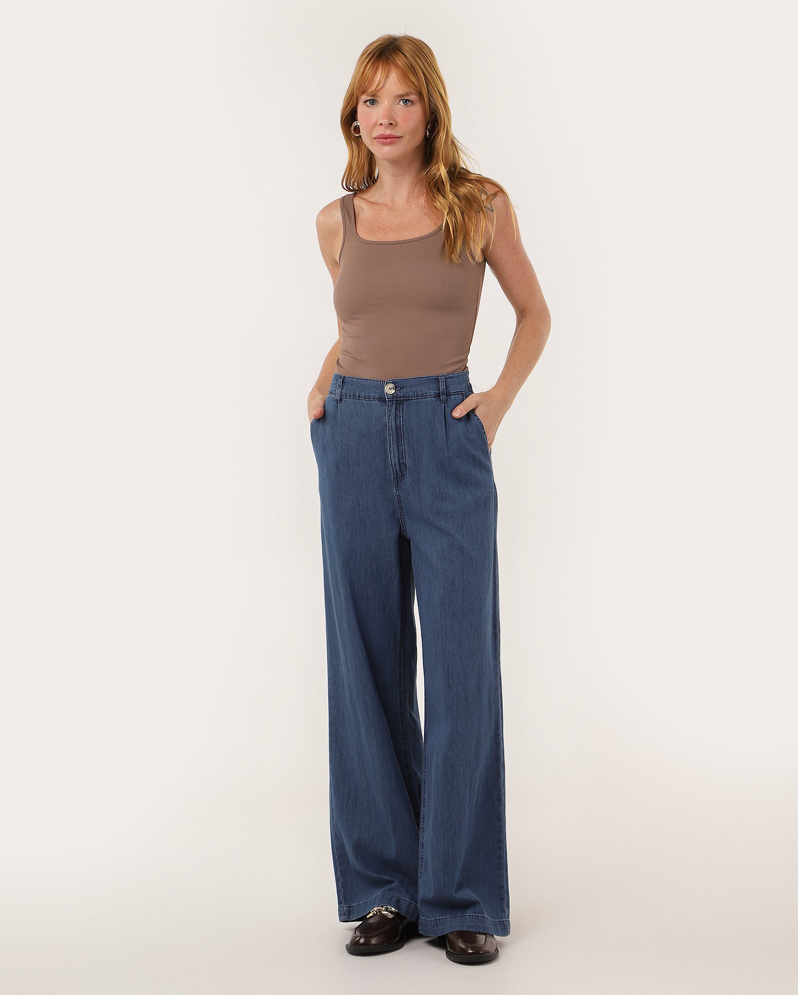 Calça jeans feminina wide leg cós elástico - Jeans Escuro | Pool Jeans