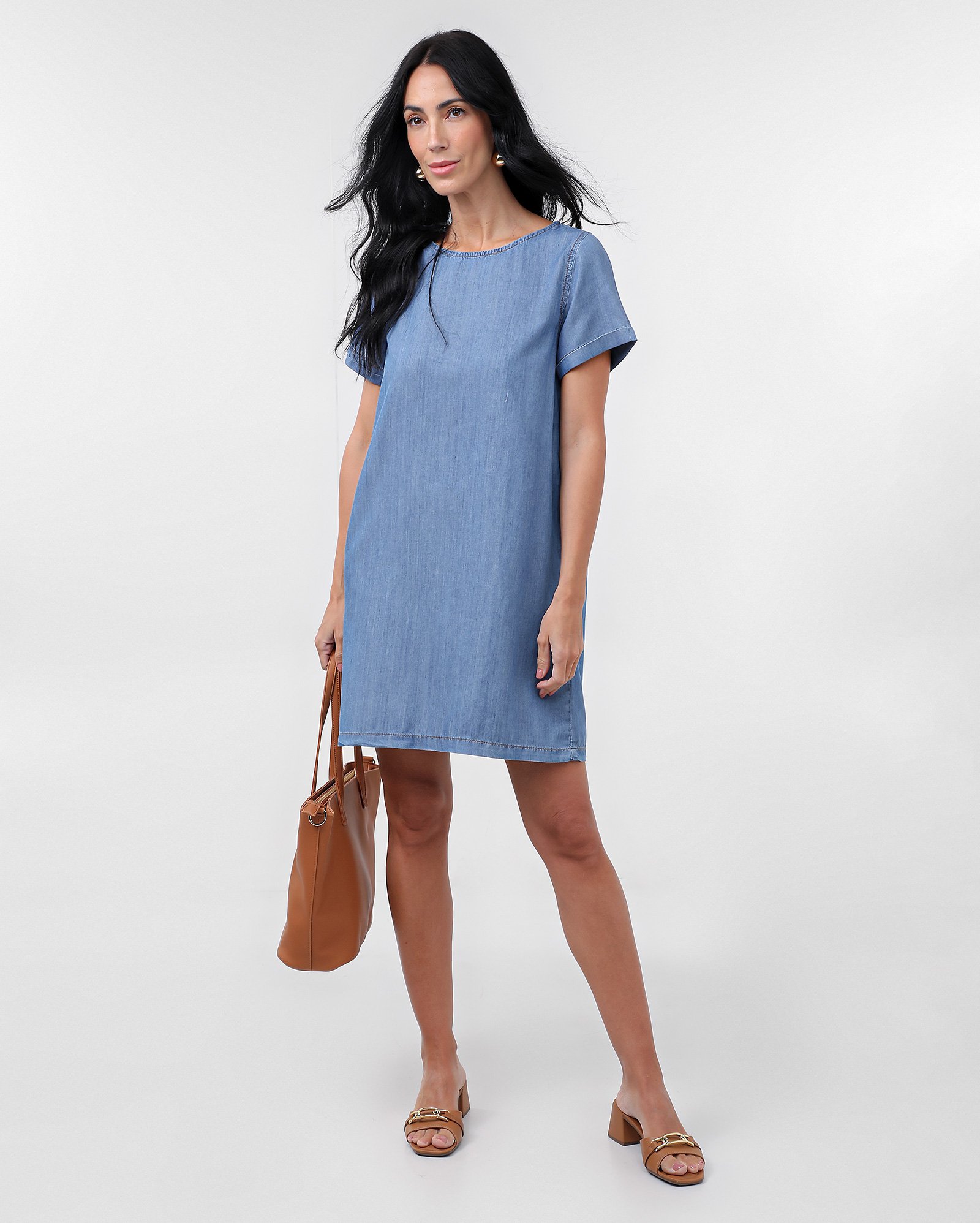 Vestido jeans curto reto manga curta denim médio | Pool Jeans