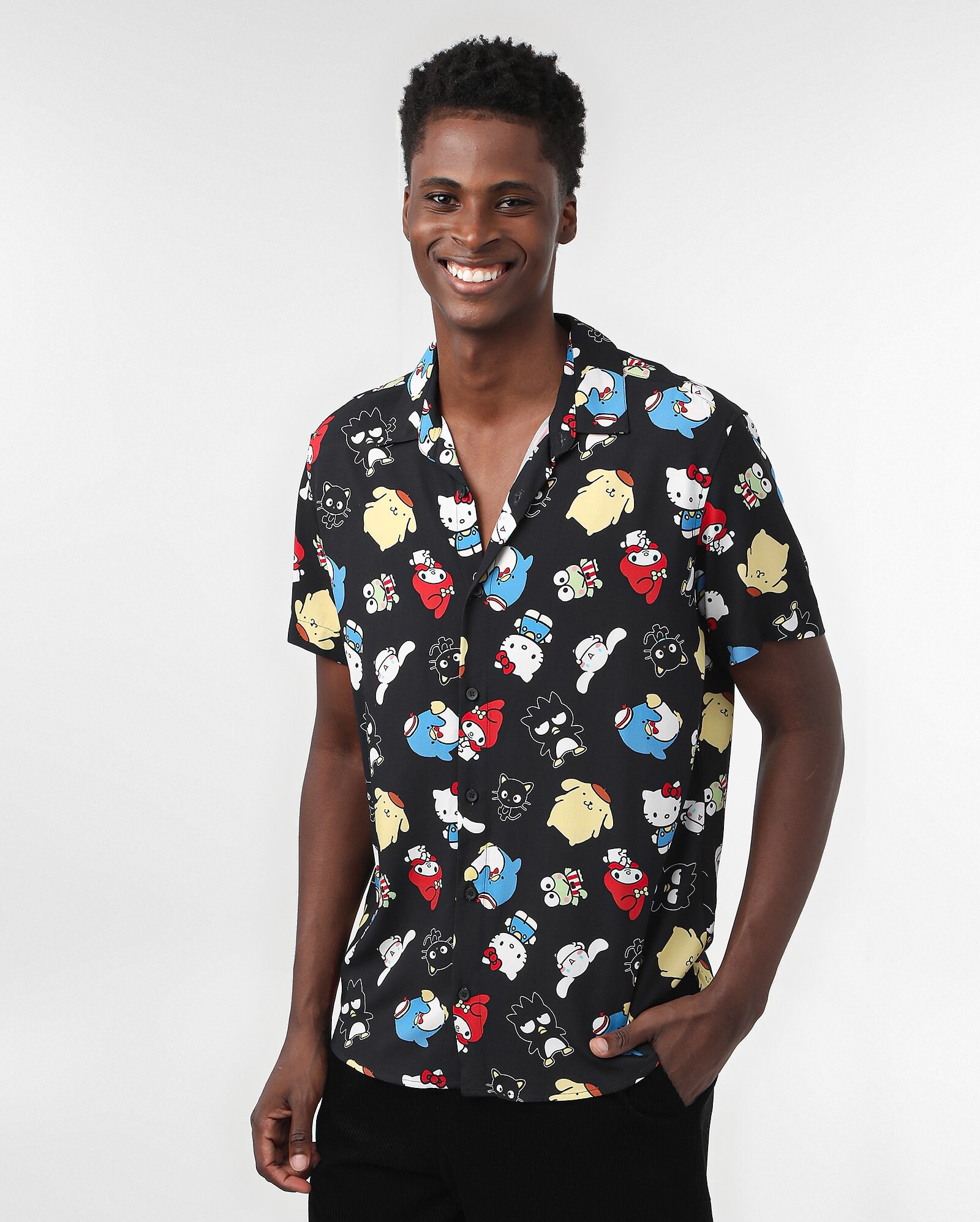 Camisa masculina viscose Sanrio Hello Kitty preta | FANLAB