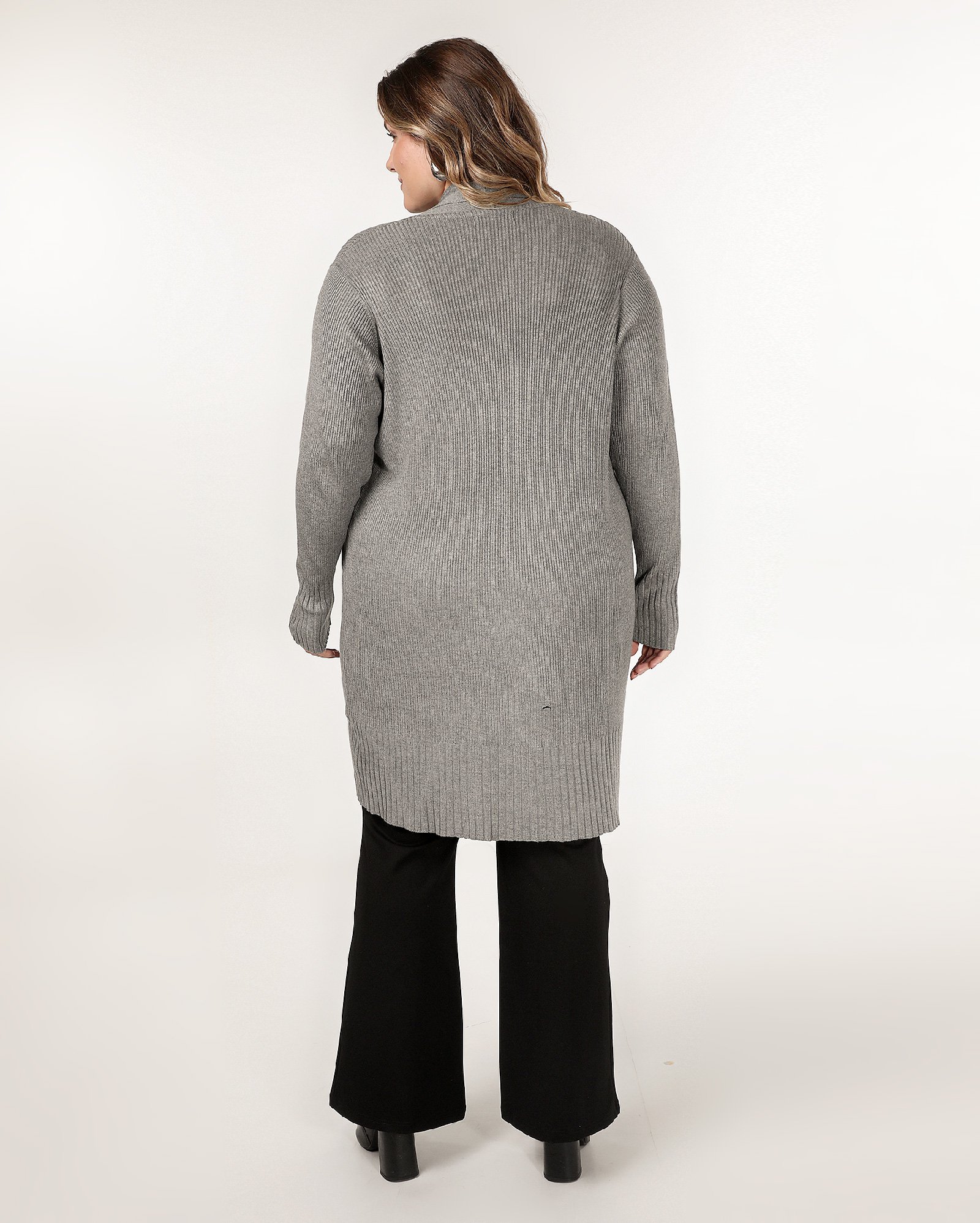 Cardigan plus size feminino alongado e canelado - Cinza Mescla | AK Plus by Riachuelo