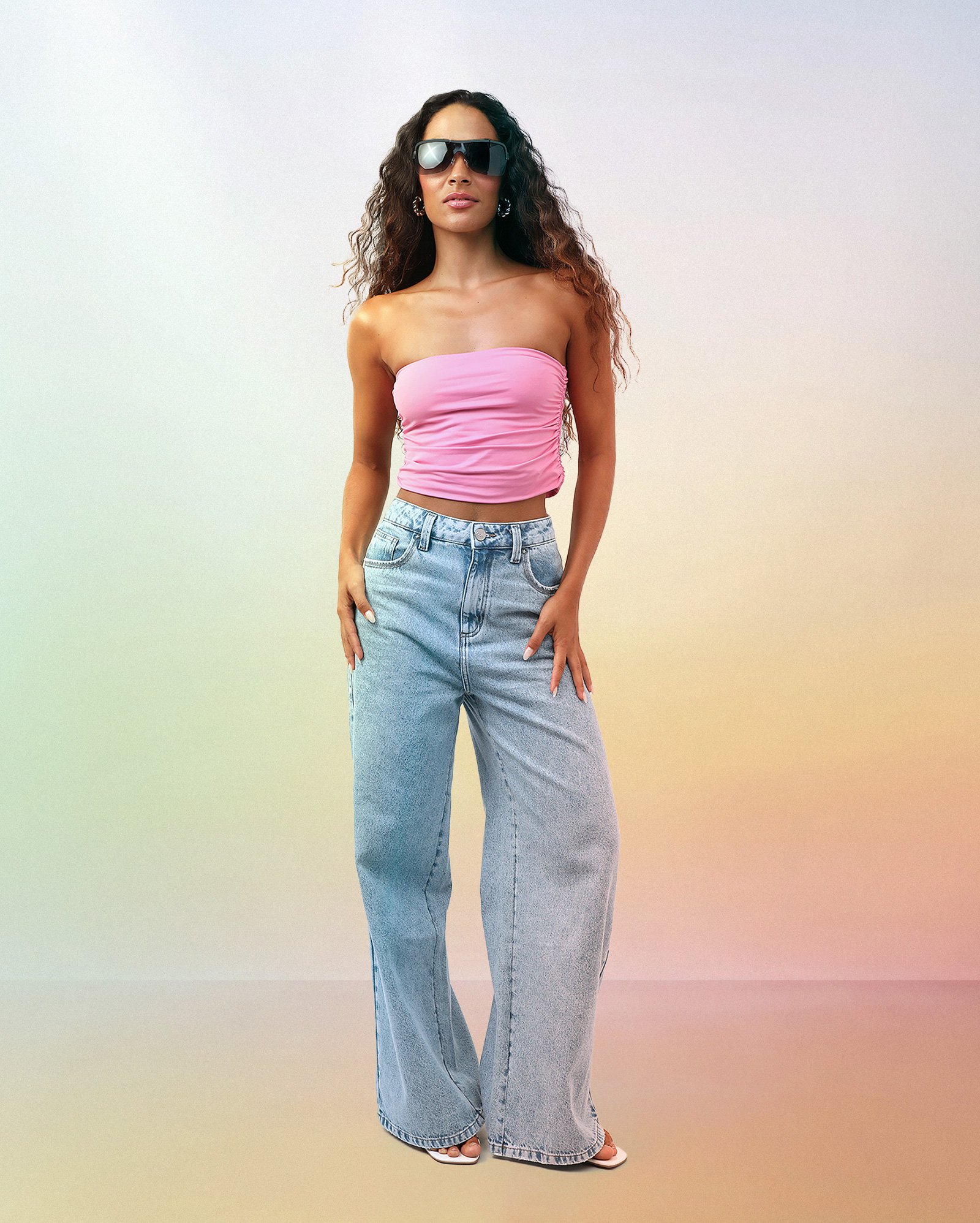 Calça jeans wide leg cintura alta estrela denim claro | Makai + Riachuelo