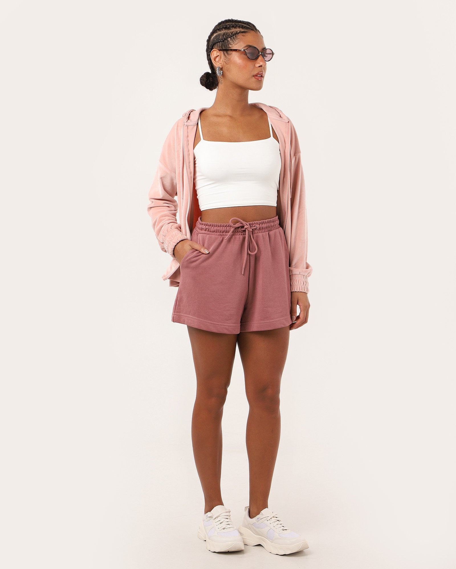 Short de moletom feminino Tammy com cordão liso rosa | Pool Basics