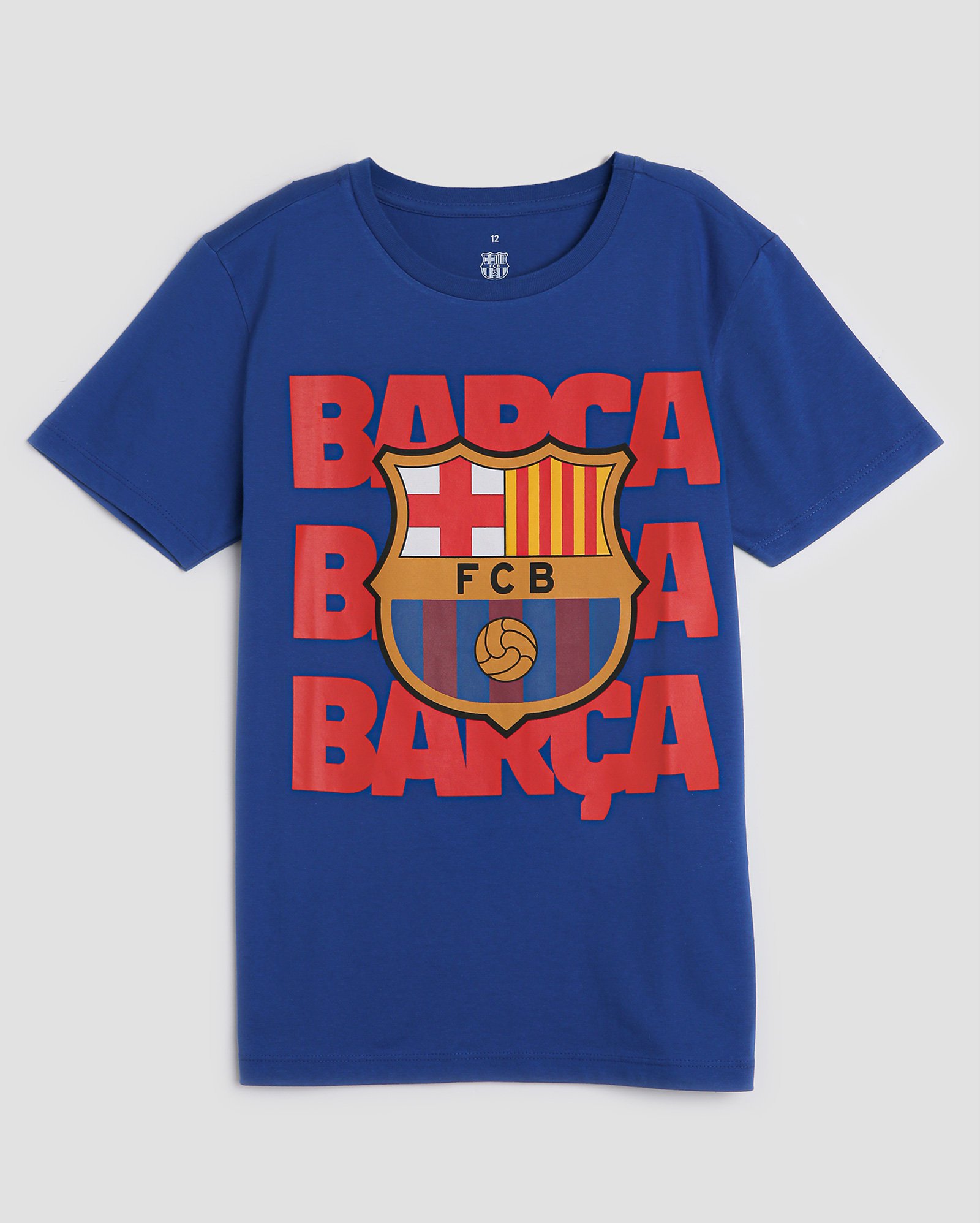 Camiseta juvenil futebol Barcelona em lettering azul