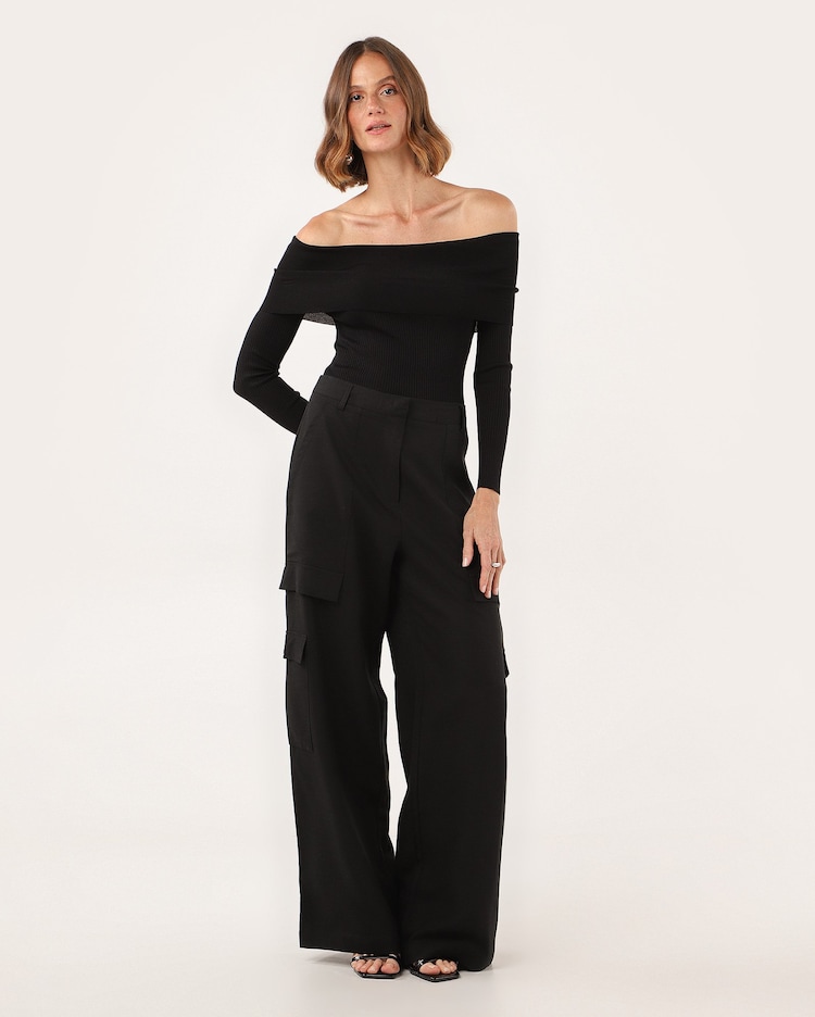 Riachuelo Calça feminina wide leg em linho cargo preta AK by