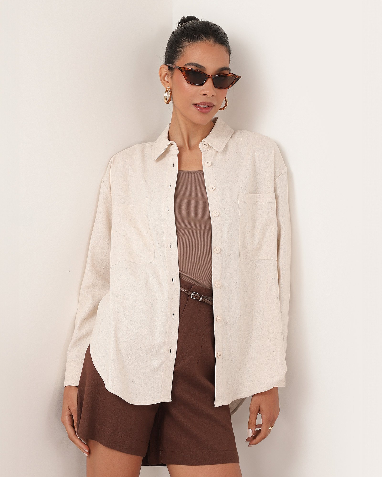 Camisa feminina alongada em viscolinho - Bege Claro Mescla | AK by Riachuelo