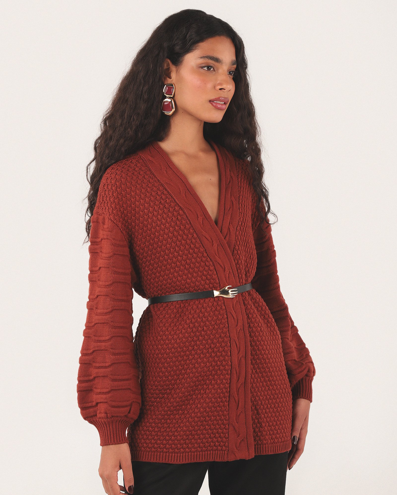 Cardigan feminino em tricot manga bufante - Vermelho Terracota | Missinclof + Riachuelo