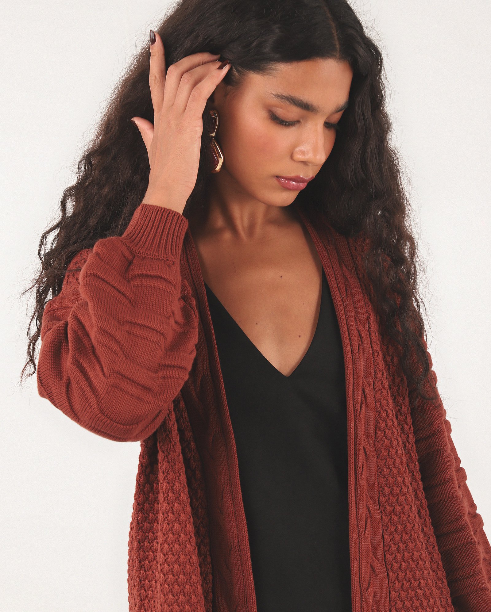Cardigan feminino em tricot manga bufante - Vermelho Terracota | Missinclof + Riachuelo — foto 5