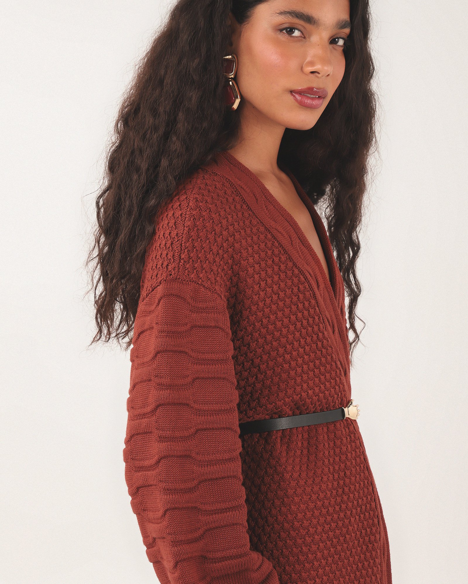 Cardigan feminino em tricot manga bufante - Vermelho Terracota | Missinclof + Riachuelo — foto 2