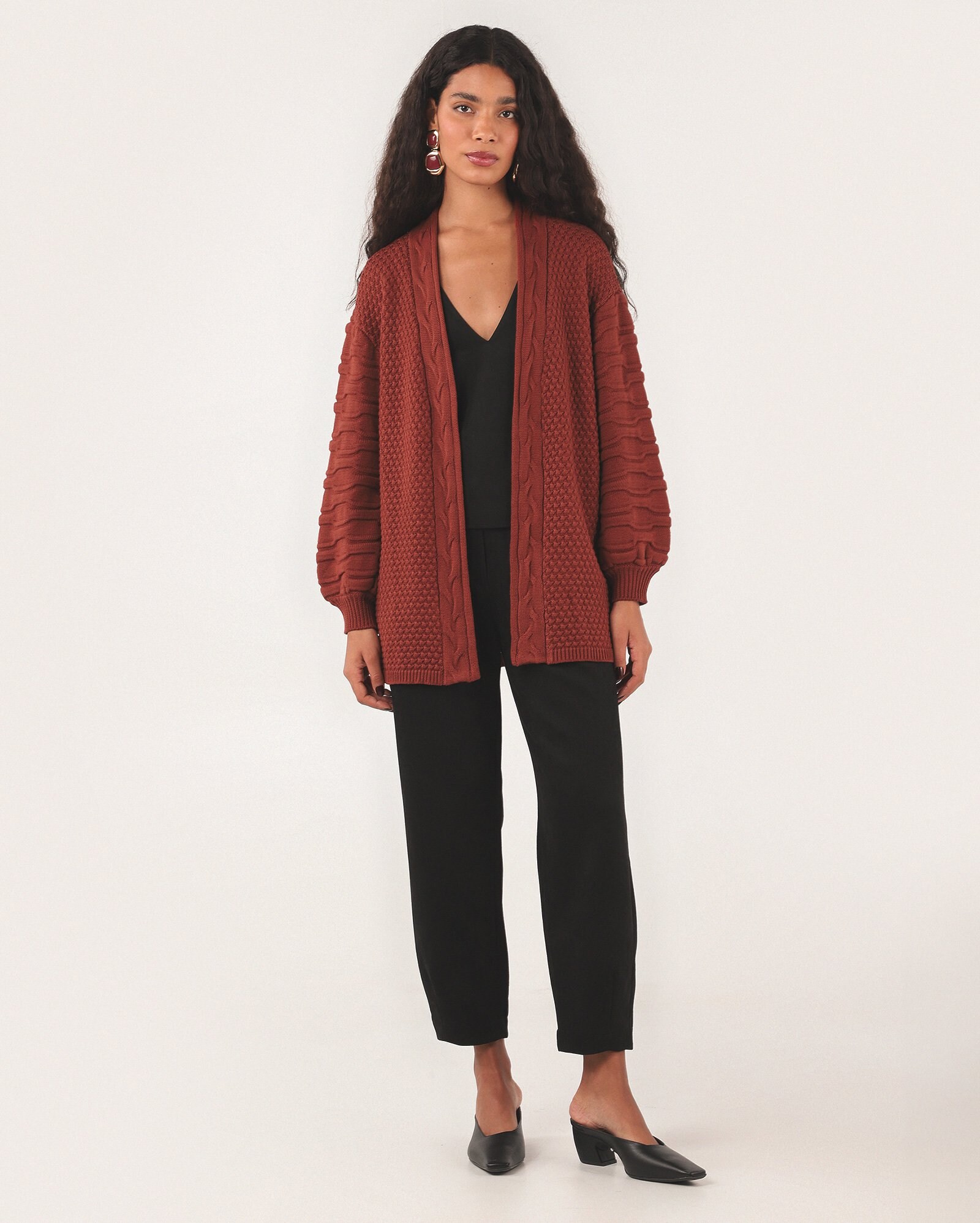 Cardigan feminino em tricot manga bufante - Vermelho Terracota | Missinclof + Riachuelo — foto 3