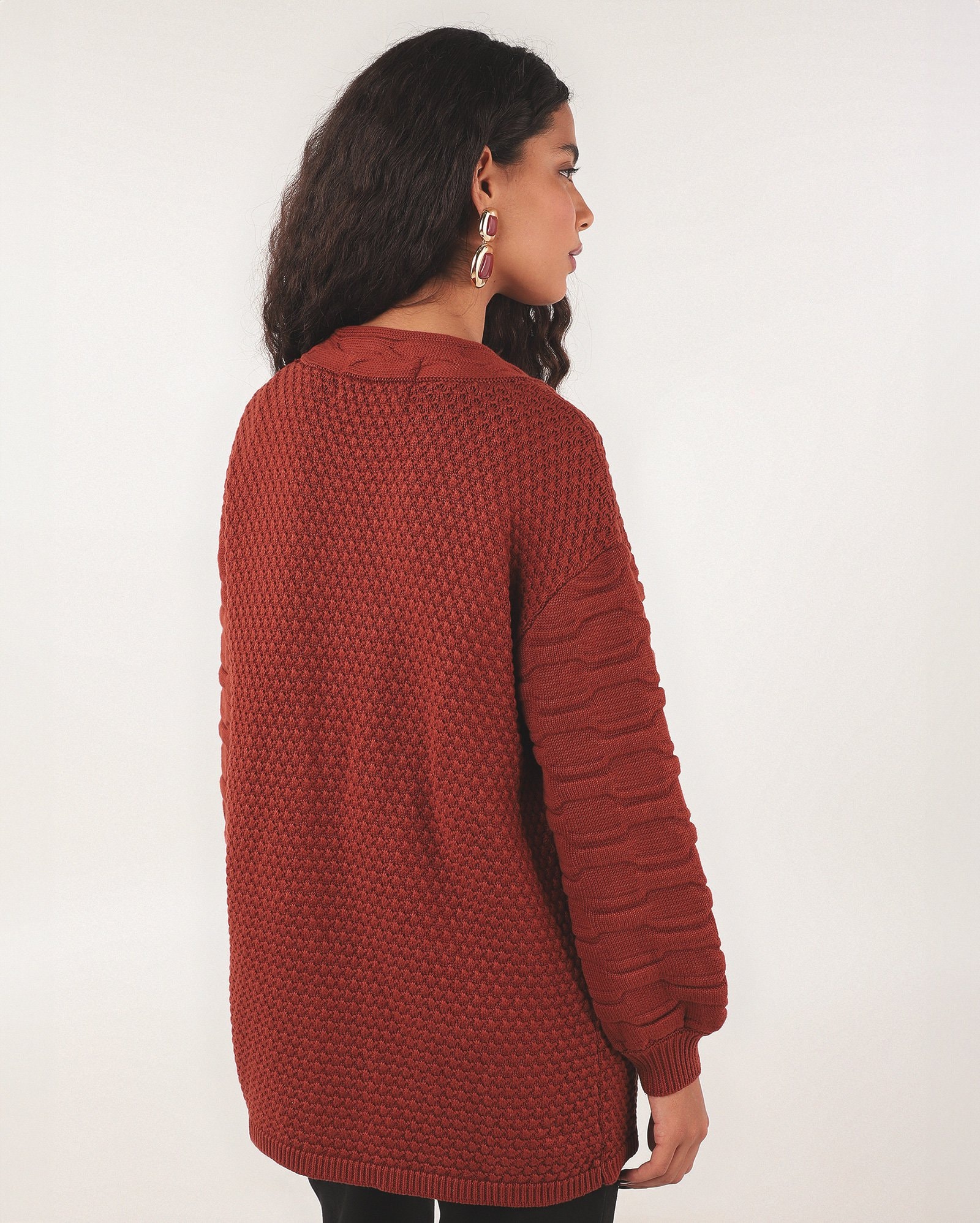 Cardigan feminino em tricot manga bufante - Vermelho Terracota | Missinclof + Riachuelo — foto 6