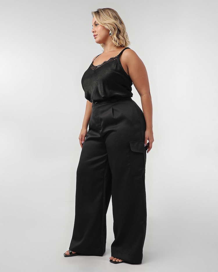 Riachuelo Calça plus size feminina bolsos cargo preta AK Plus
