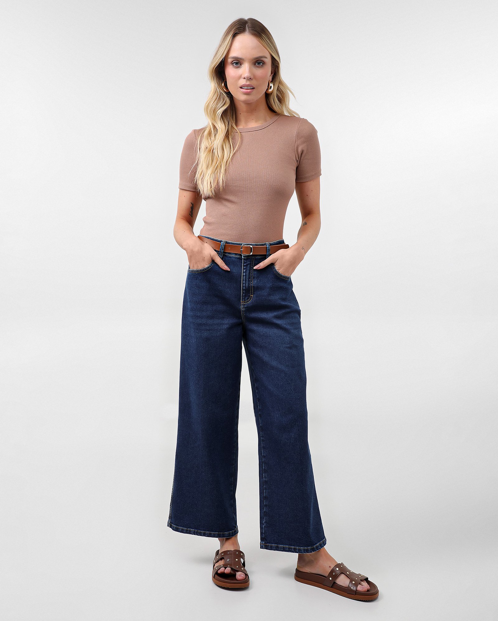 Calça jeans feminina wide leg cropped - Jeans Escuro | Pool Jeans