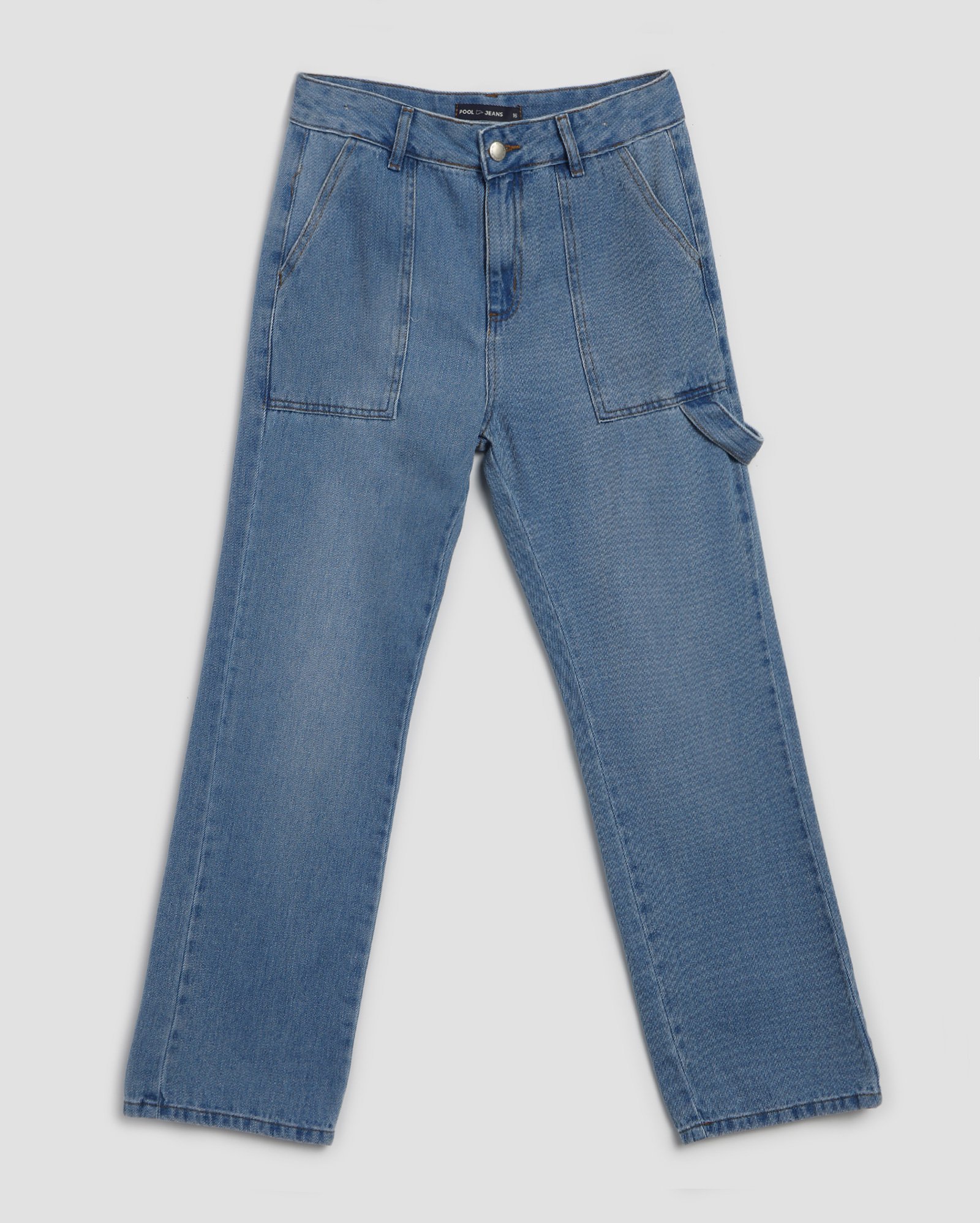 Calça jeans juvenil reta cargo com detalhe denim médio | Pool