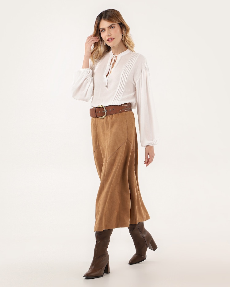 Riachuelo Saia midi em malha suede cós elástico Marrom Claro