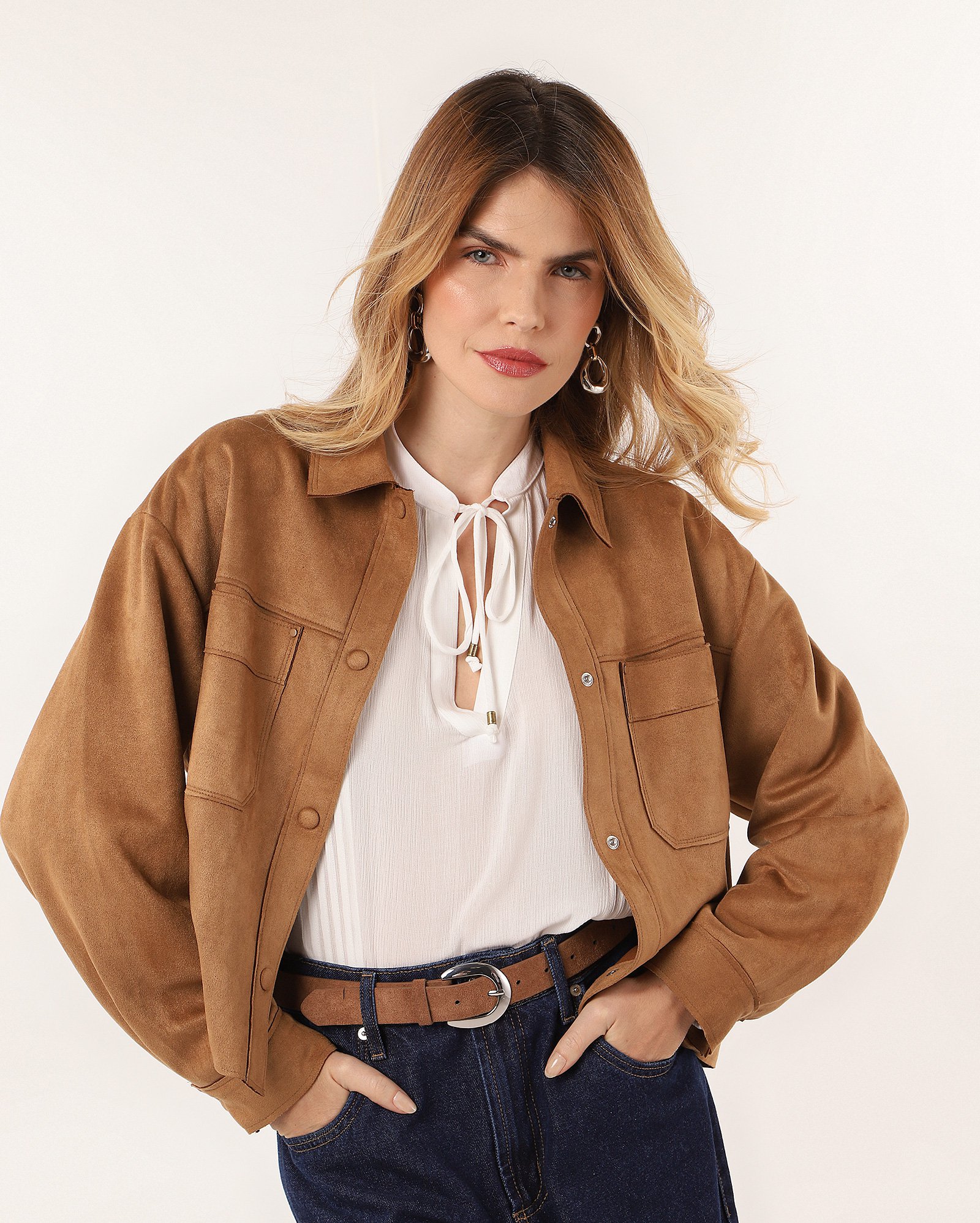 Riachuelo Jaqueta feminina em suede com bolsos Marrom Claro