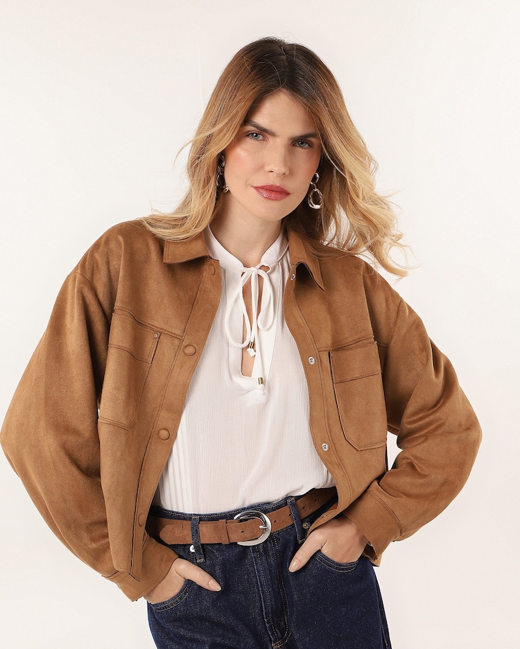 Riachuelo Jaqueta feminina em suede com bolsos Marrom Claro