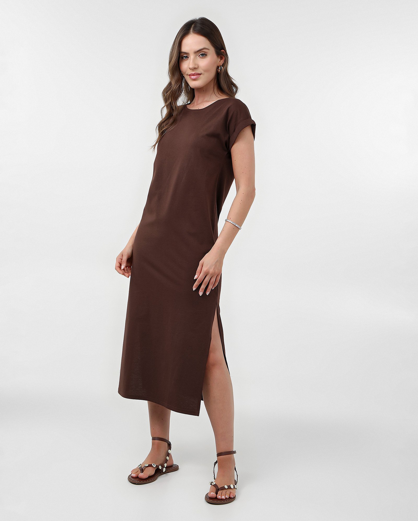 Vestido midi com fendas de manga curta - Marrom | Pool Basics by Riachuelo