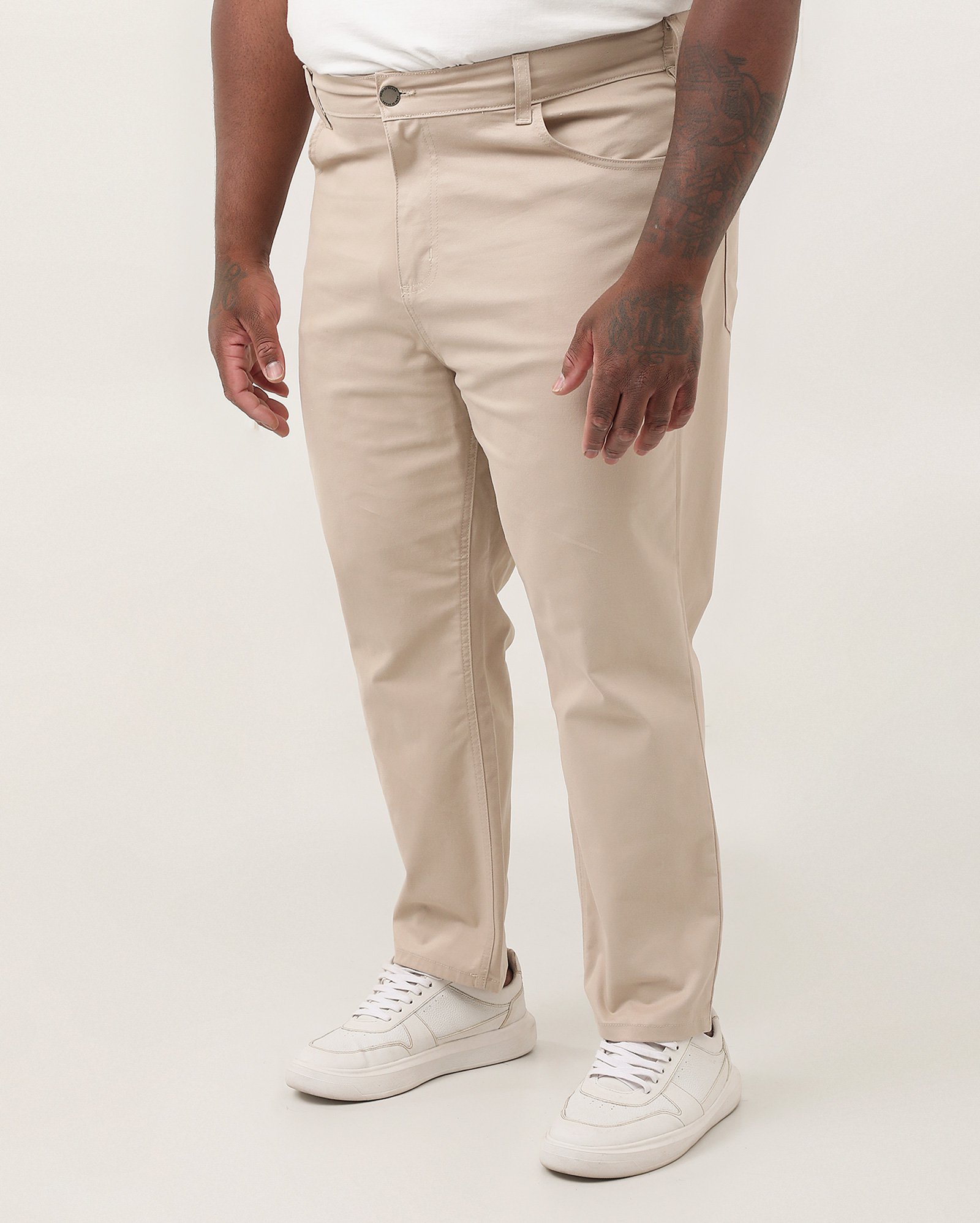 Calça sarja plus size masculina cós com elástico bege | Pool Jeans