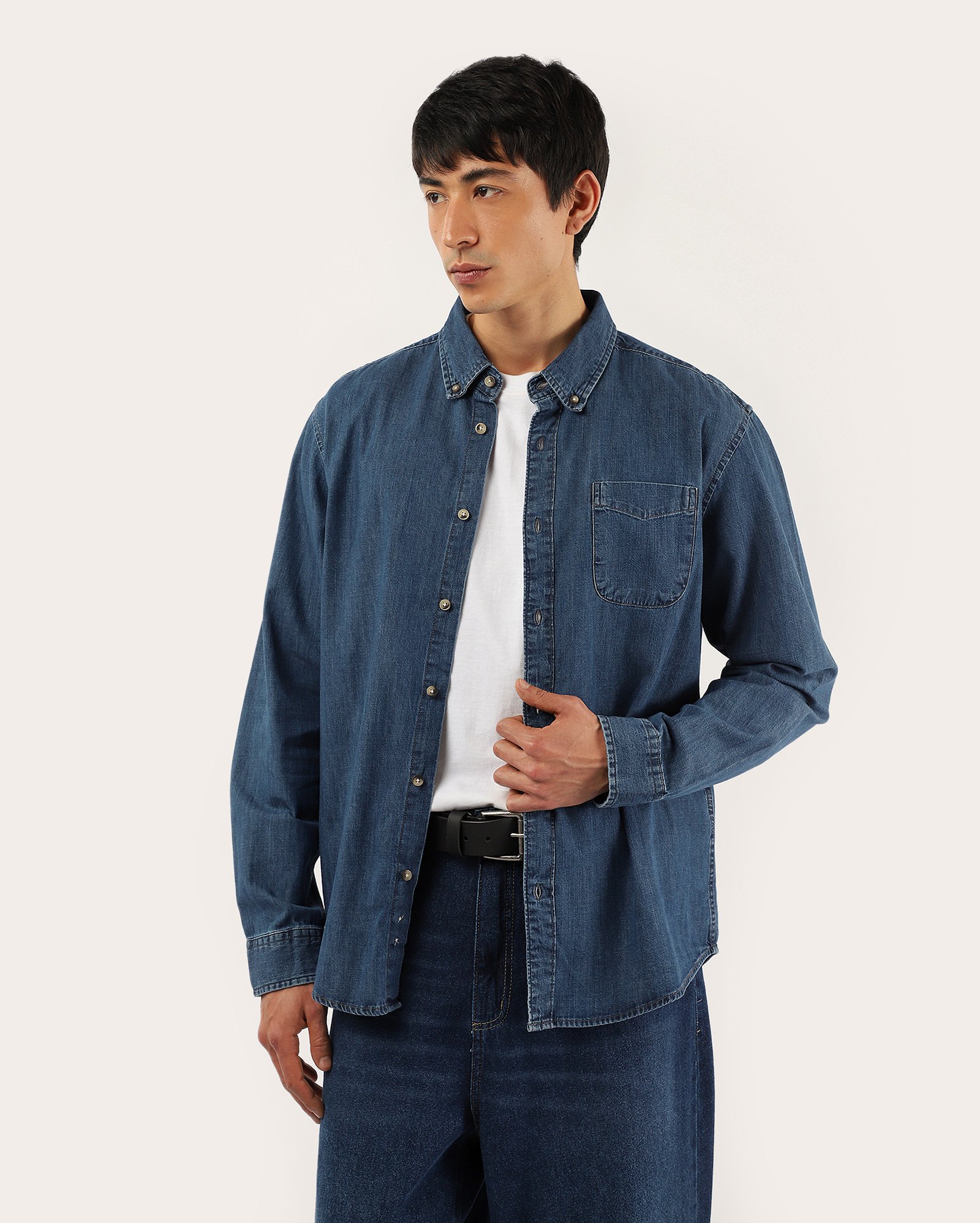 Camisa jeans masculina com bolso denim escuro | Pool Jeans