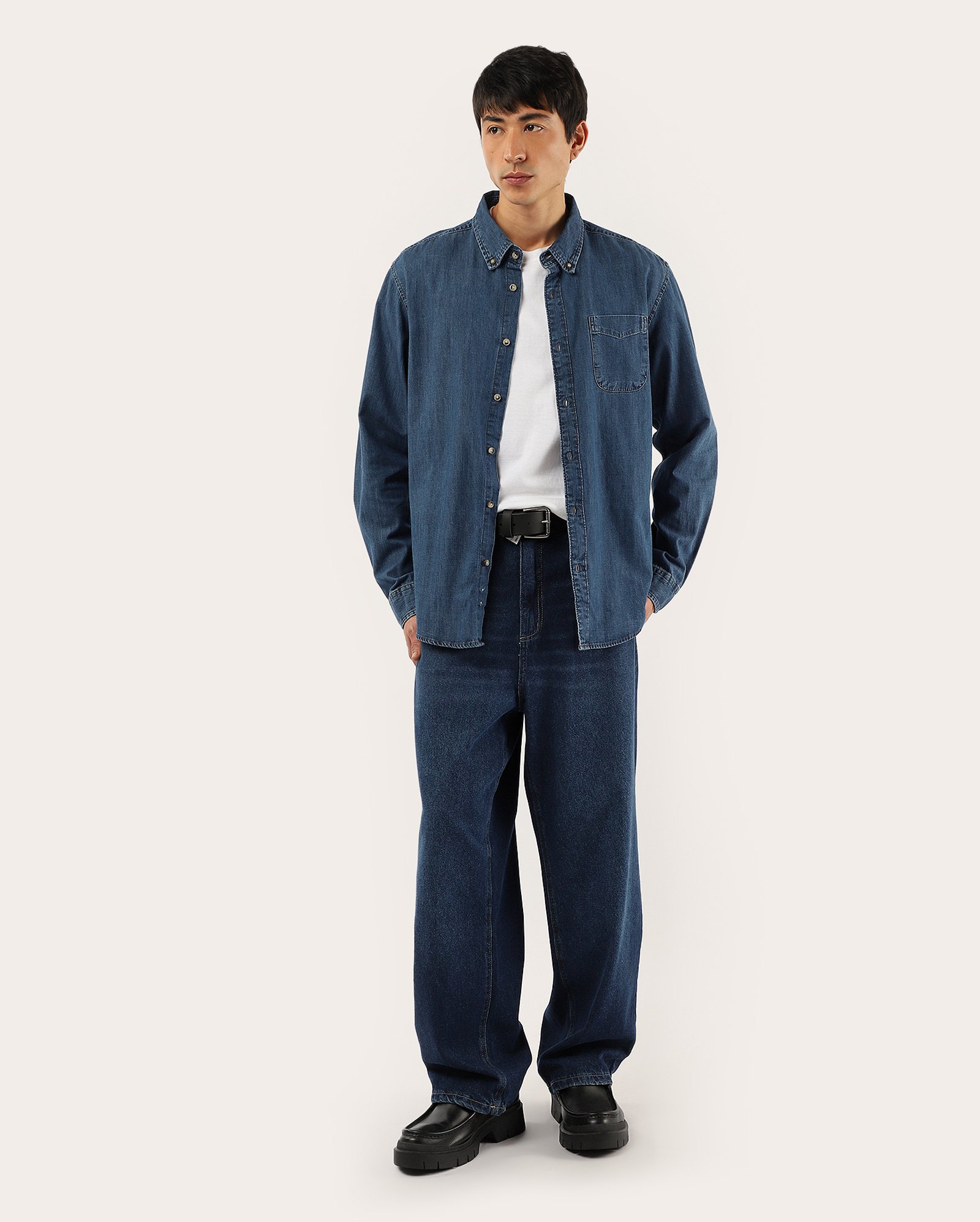 Camisa jeans masculina com bolso denim escuro | Pool Jeans