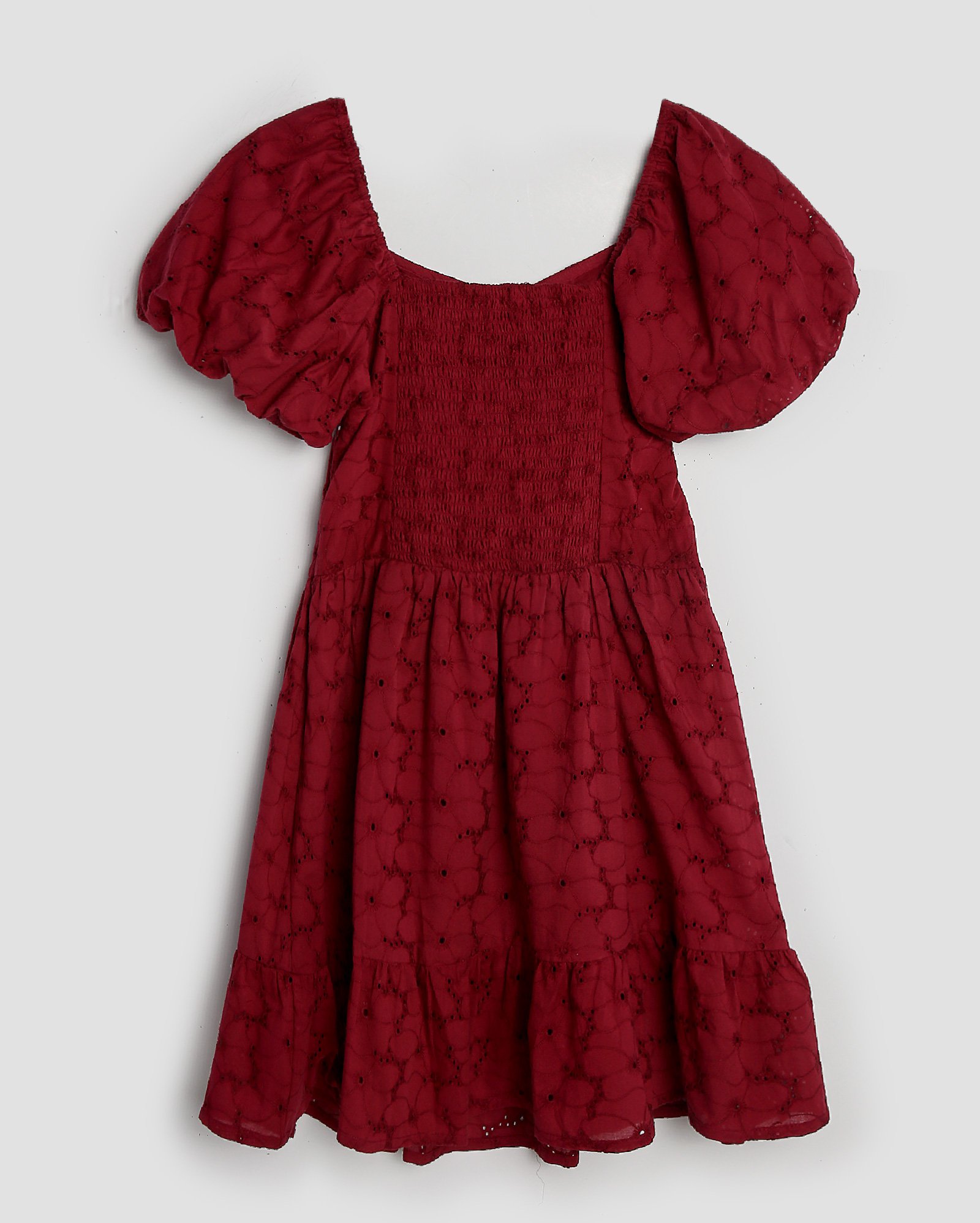 Vestido curto juvenil evasê manga bufante laise - Vermelho Escuro