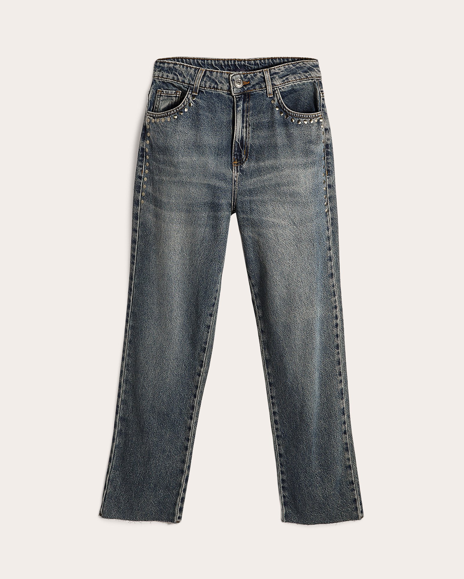 Calça jeans juvenil reta com tachas estonada denim médio | Pool