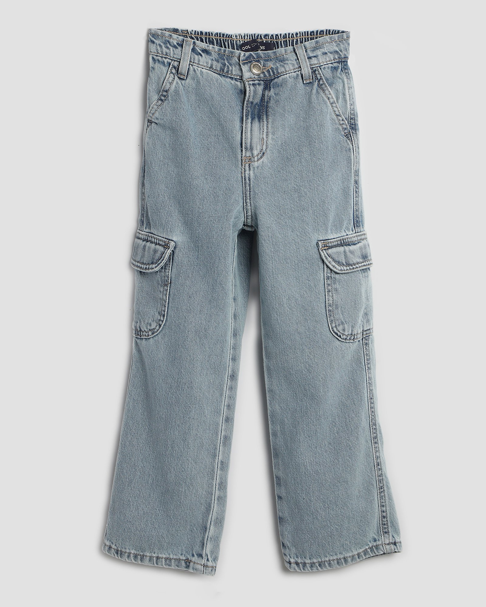 Calça jeans infantil reta bolsos cargo 4-10A denim claro | Pool Kids