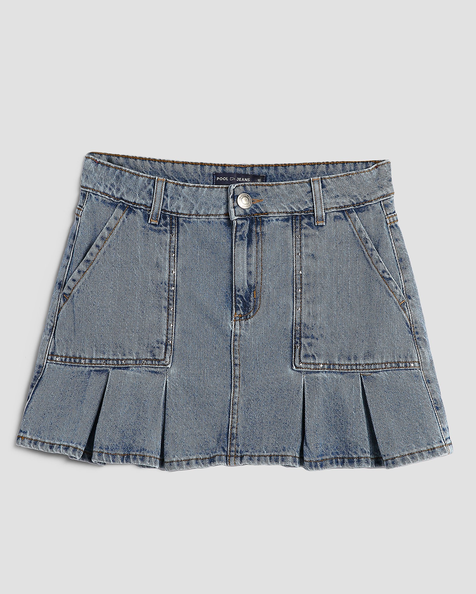Saia jeans juvenil com pregas e strass denim médio | Pool
