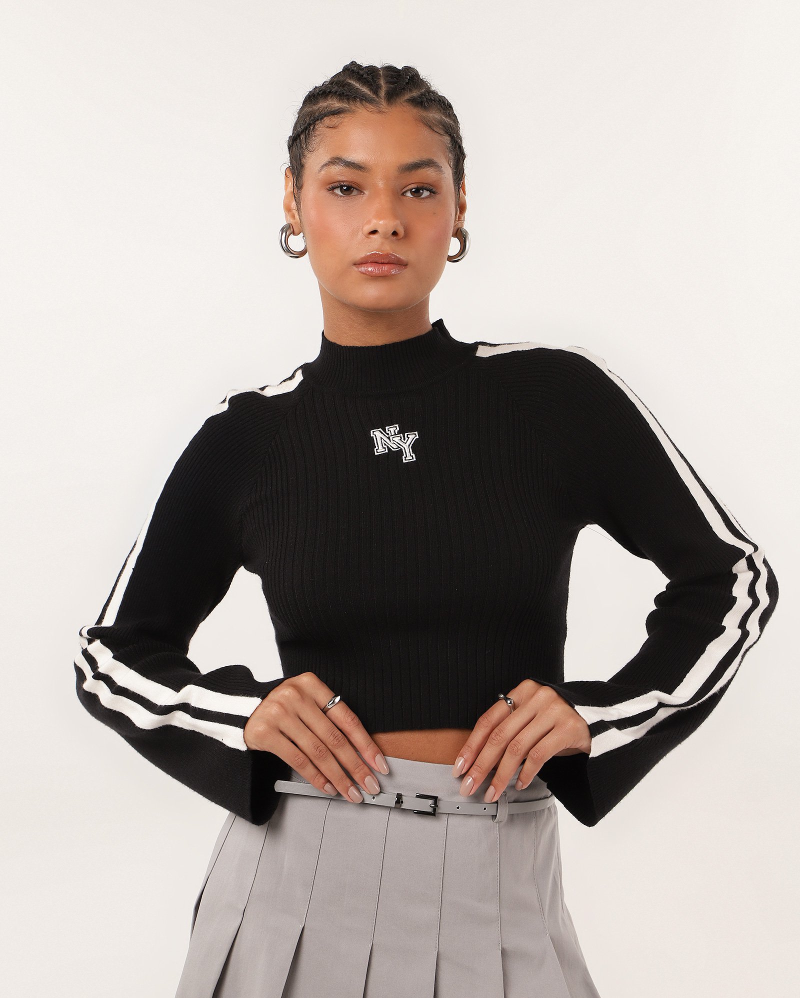 Blusa cropped de tricot canelado manga longa NY - Preto — foto 4