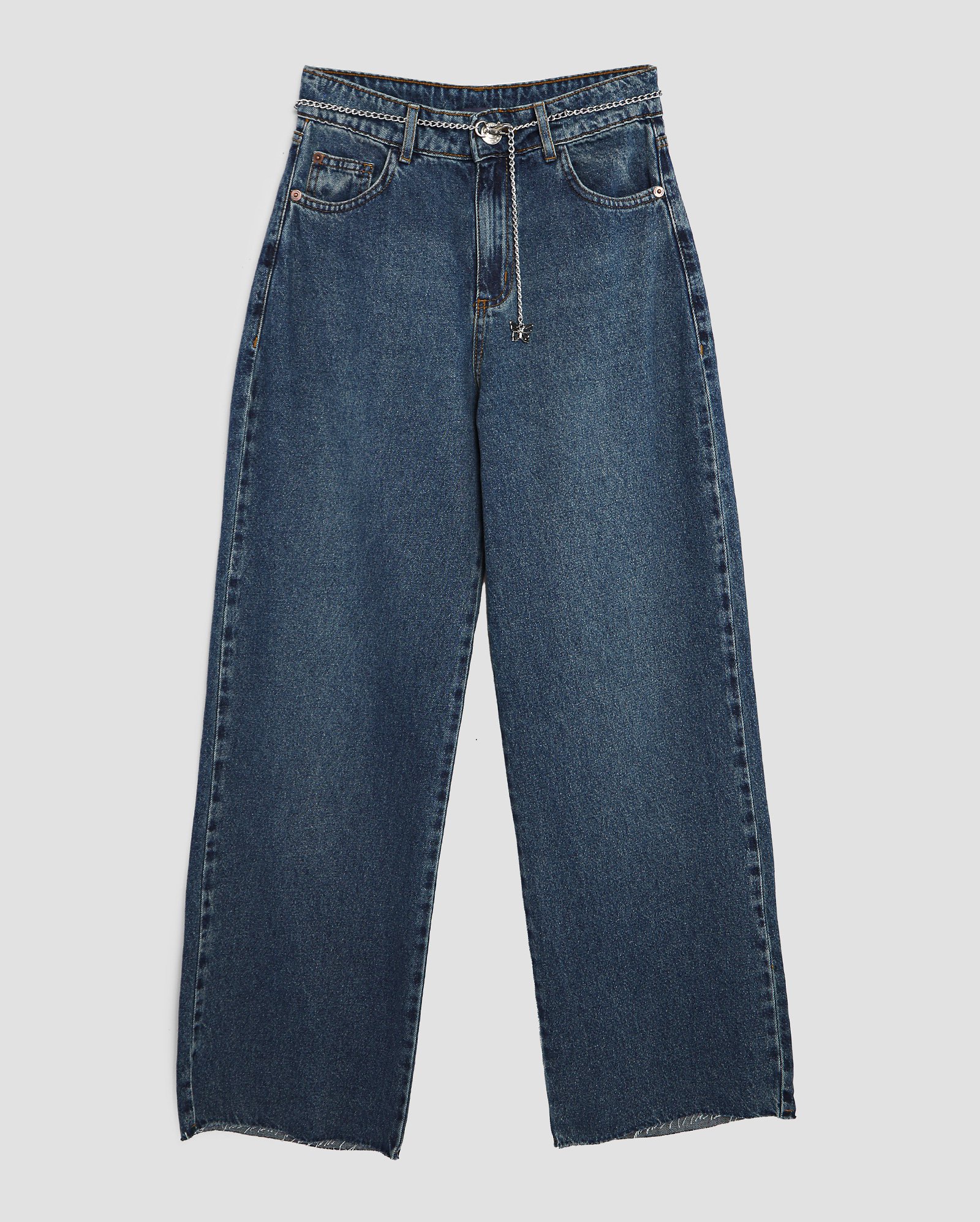 Calça jeans juvenil reta com cinto corrente borboleta denim médio | Pool