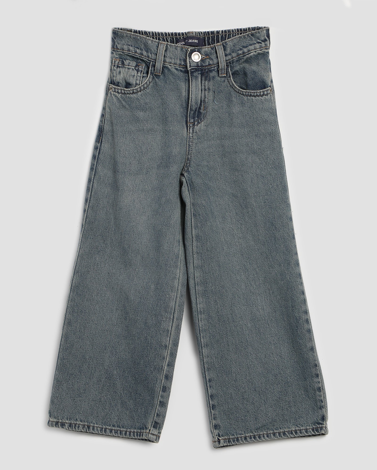 Calça jeans infantil wide leg estonada 4-10A denim médio | Pool Kids