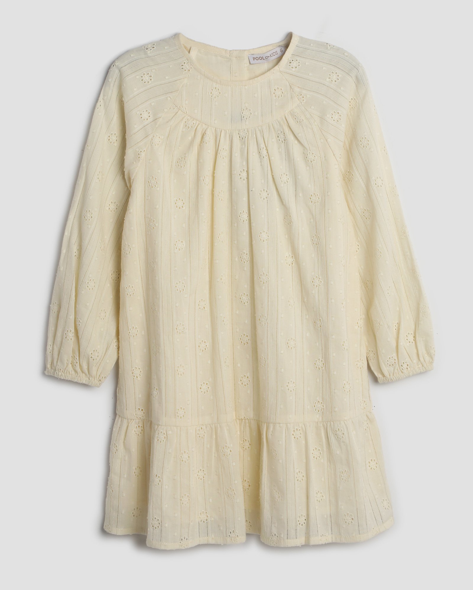 Vestido infantil manga longa bufante com bordado 4-10A bege | Pool Kids