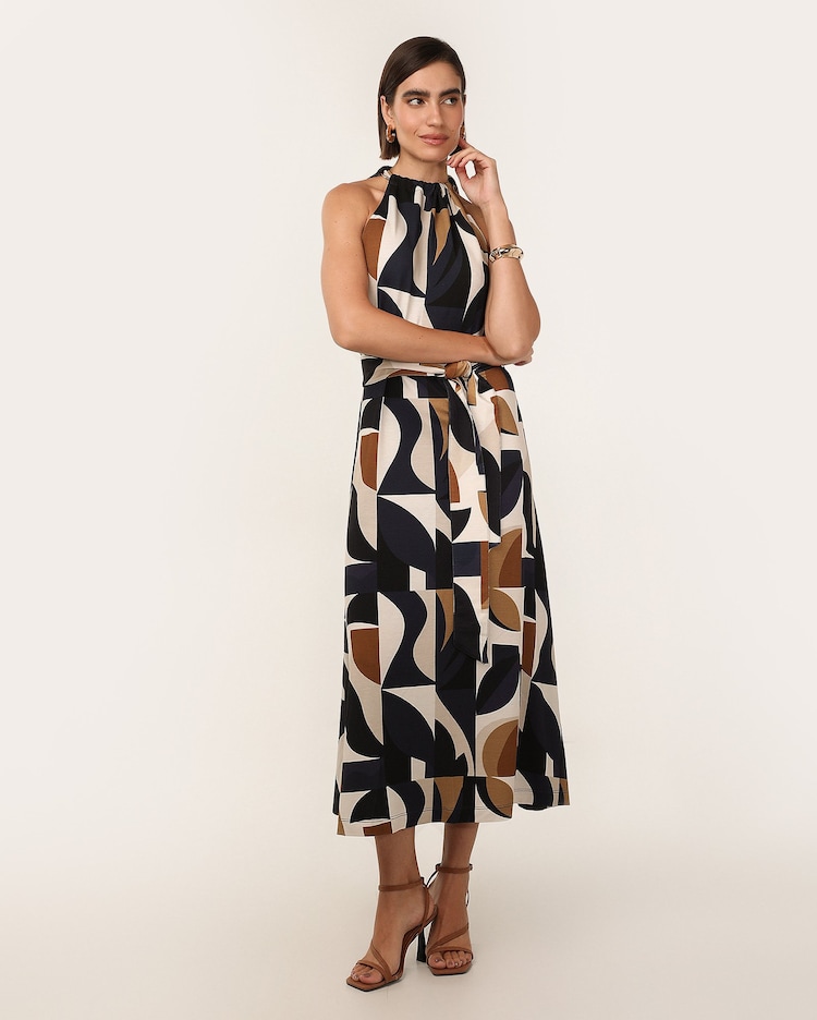 Riachuelo Vestido midi decote trapézio geométrico com faixa off