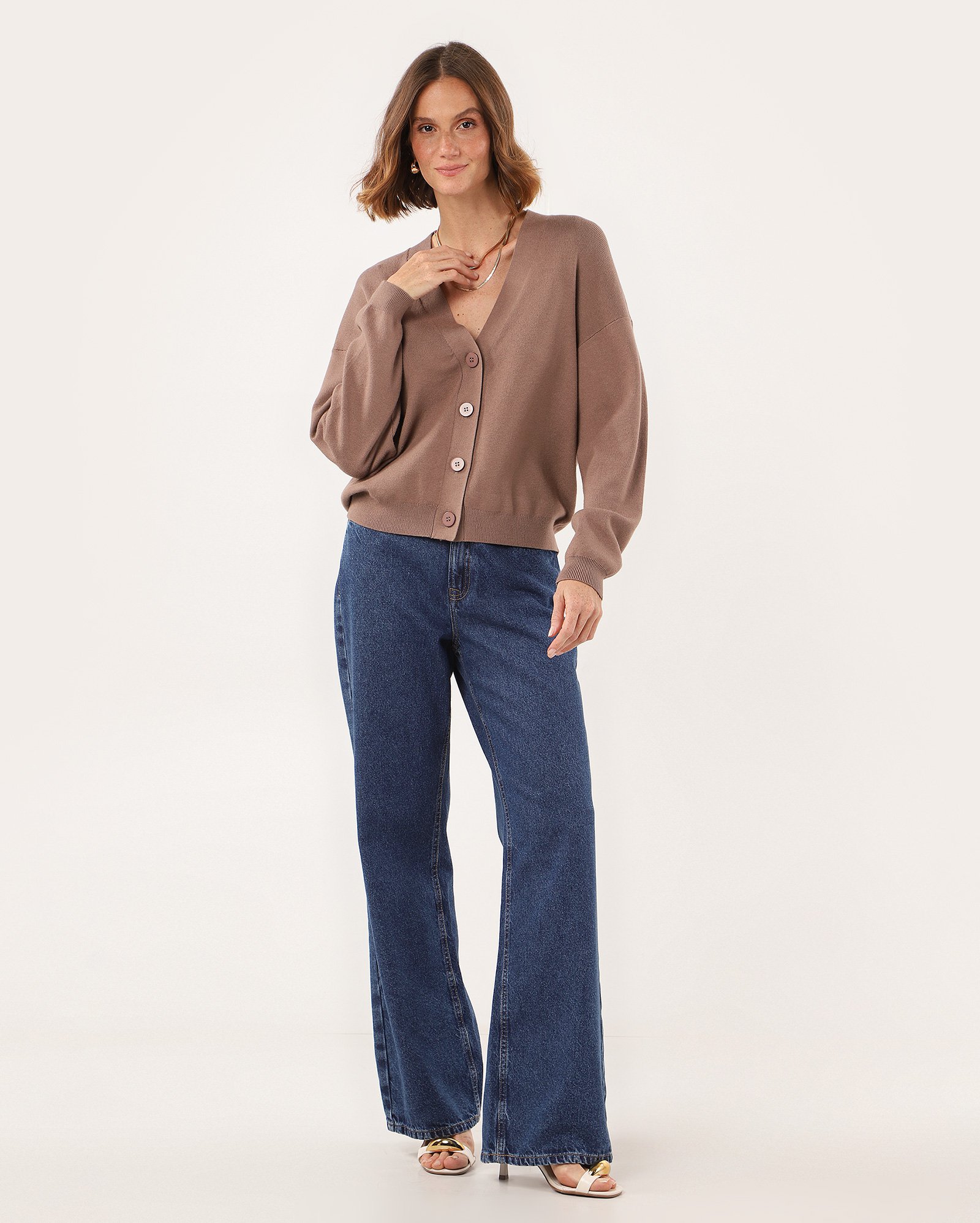 Cardigan feminino em tricot Carol decote v - Marrom Claro | AK by Riachuelo