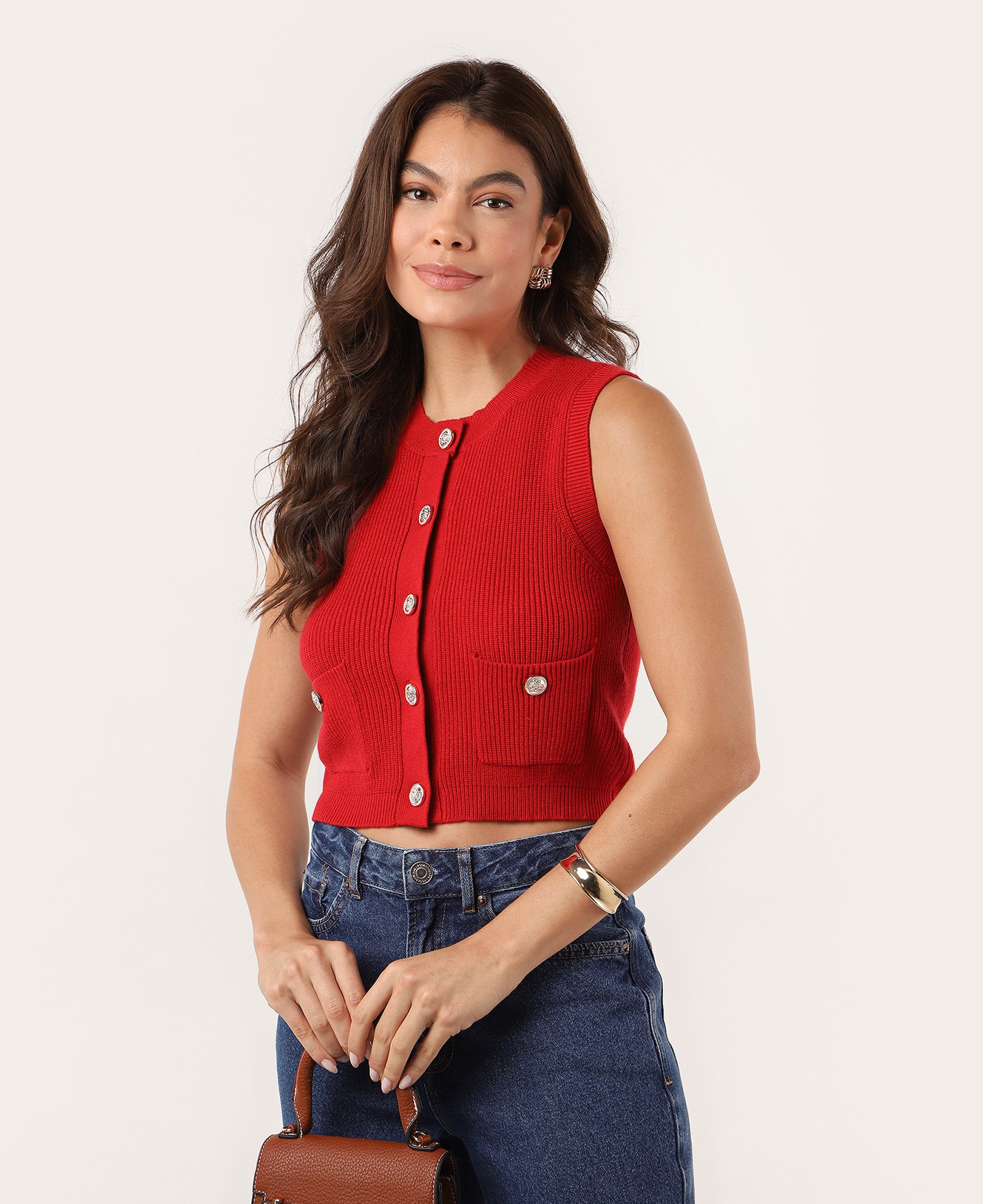 Colete feminino de tricot com bolsos vermelho | AK by Riachuelo