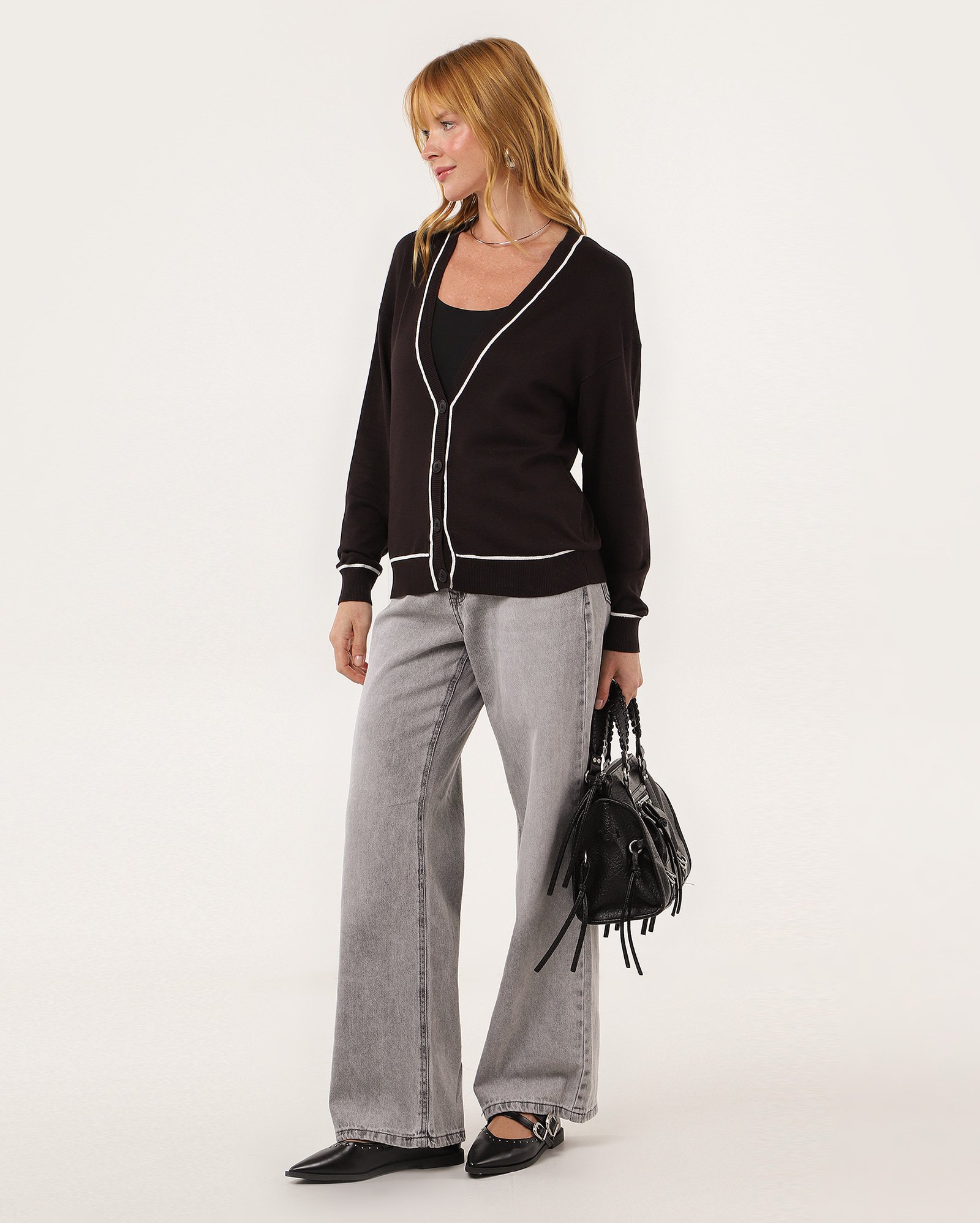 Cardigan feminino de tricot alongado - Preto | AK