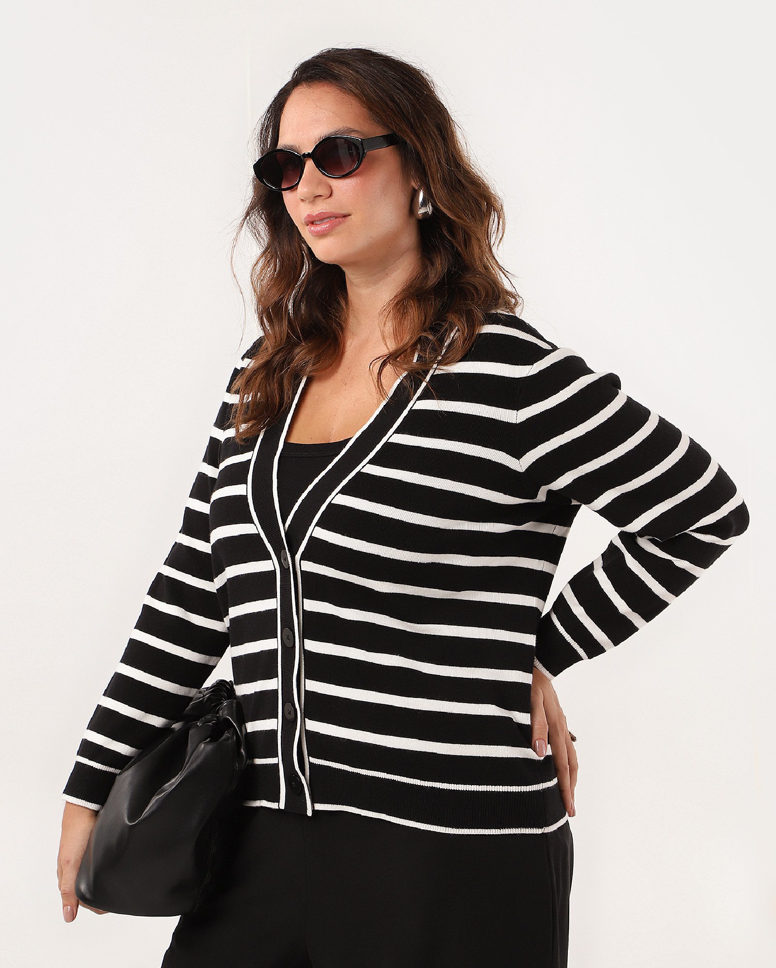 Cardigan plus size feminino listrado tricot preto | AK Plus